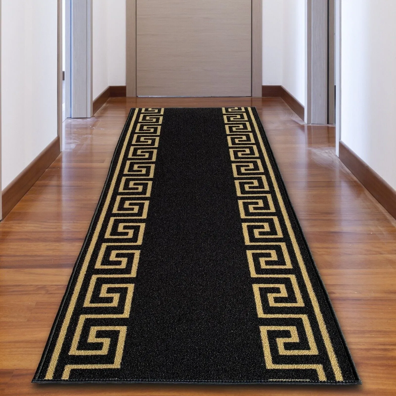 Custom Size Greek Key Design BlackGold.BlackSilver Color Non-Slip Rubber Backing- 31 Inch WidexYour Choice of Length Runner Rug