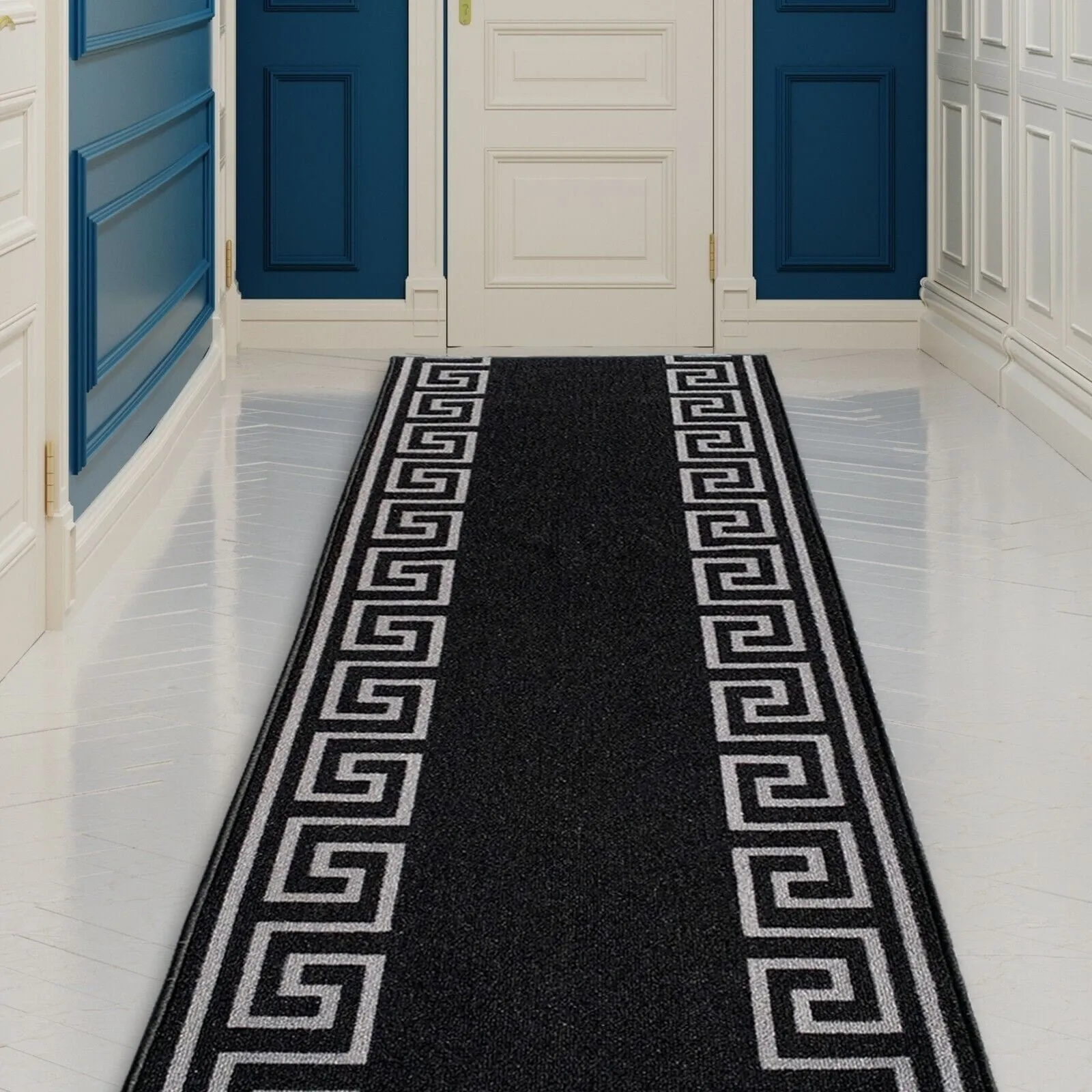 Custom Size Greek Key Design BlackGold.BlackSilver Color Non-Slip Rubber Backing- 31 Inch WidexYour Choice of Length Runner Rug