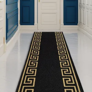 Custom Size Greek Key Design BlackGold.BlackSilver Color Non-Slip Rubber Backing- 31 Inch WidexYour Choice of Length Runner Rug