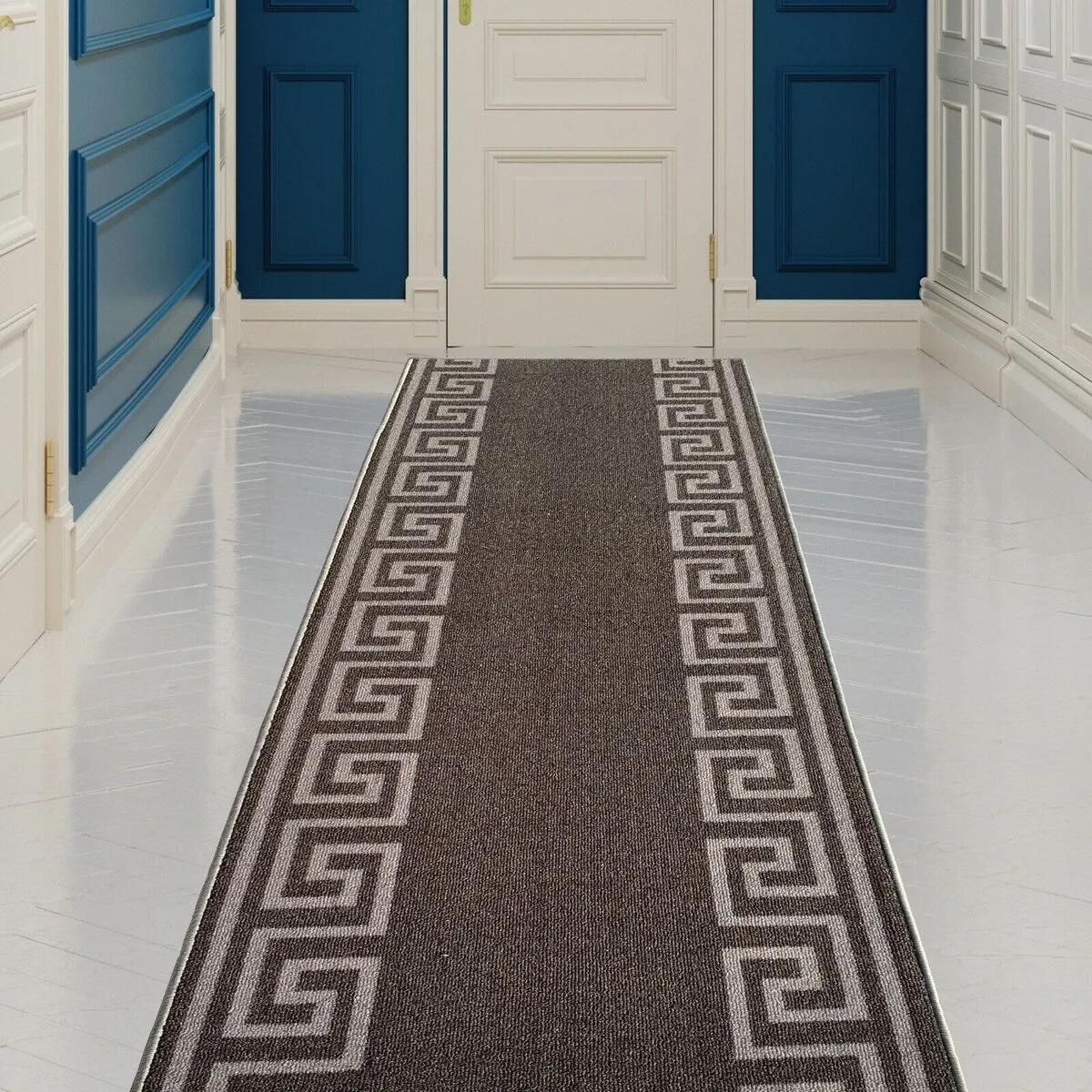 Custom Size Greek Key Design Gray. Dark Gray Color Non-Slip Rubber Backing- 31 Inch WidexYour Choice of Length Runner Rug