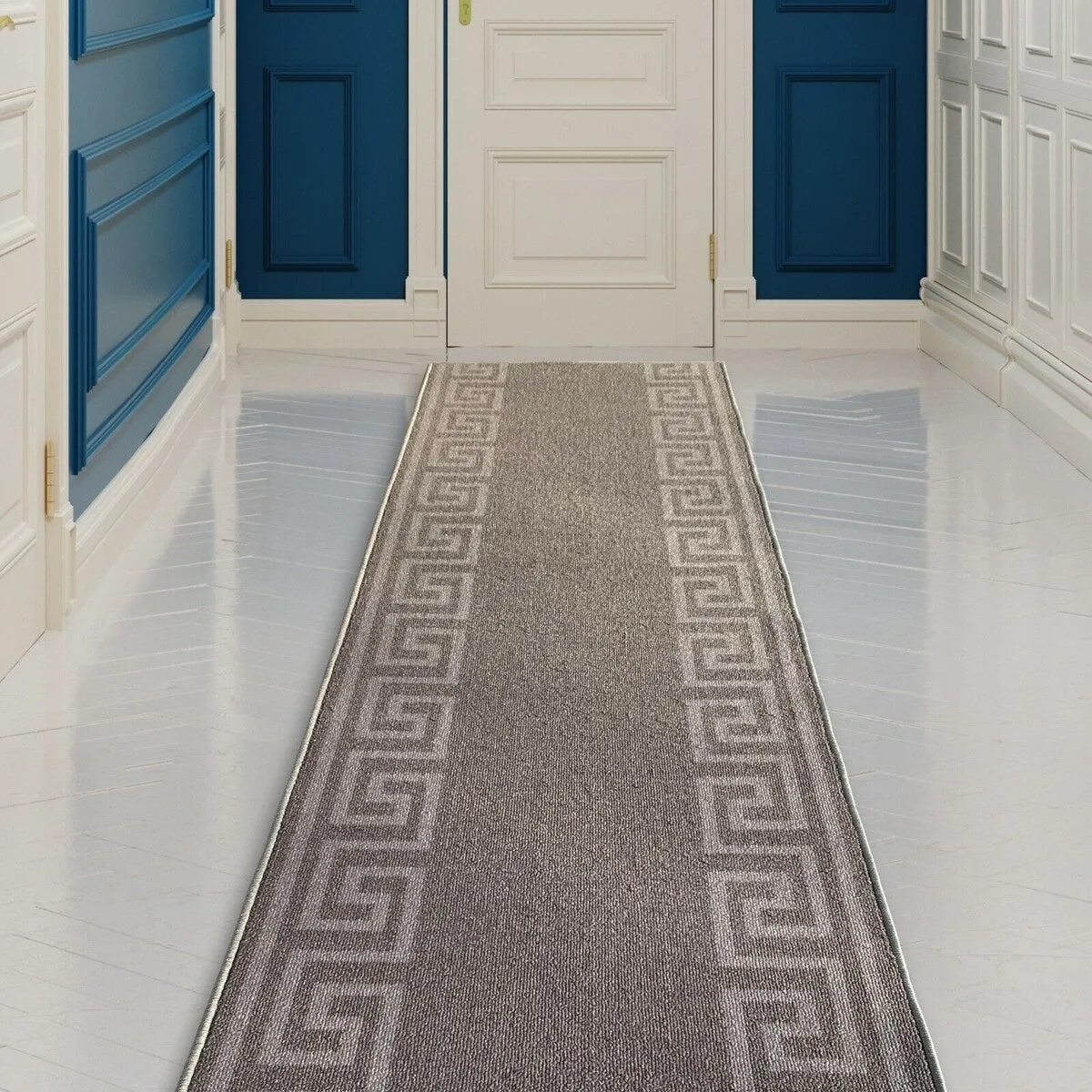 Custom Size Greek Key Design Gray. Dark Gray Color Non-Slip Rubber Backing- 31 Inch WidexYour Choice of Length Runner Rug