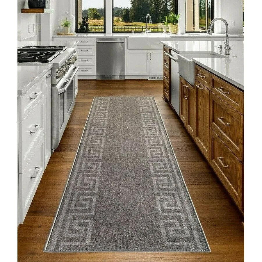 Custom Size Greek Key Design Gray. Dark Gray Color Non-Slip Rubber Backing- 31 Inch WidexYour Choice of Length Runner Rug