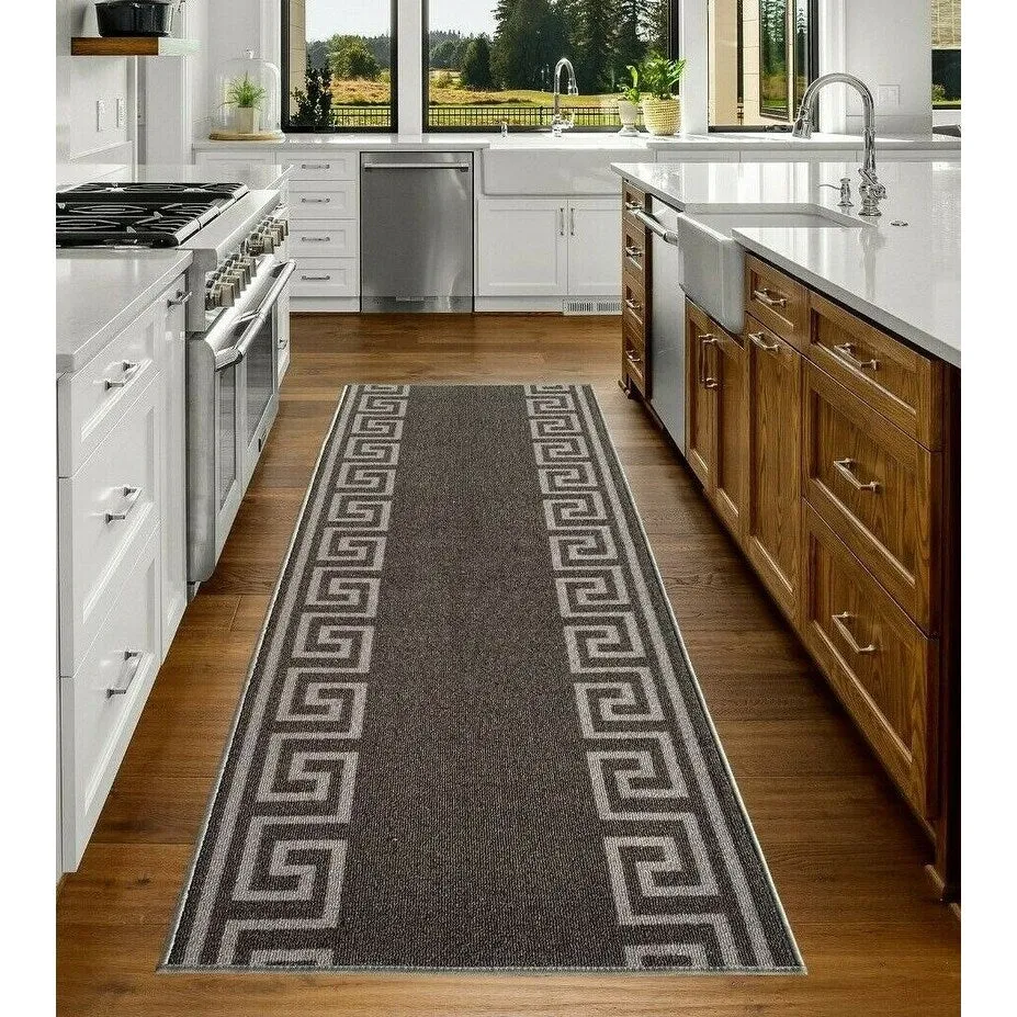 Custom Size Greek Key Design Gray. Dark Gray Color Non-Slip Rubber Backing- 31 Inch WidexYour Choice of Length Runner Rug
