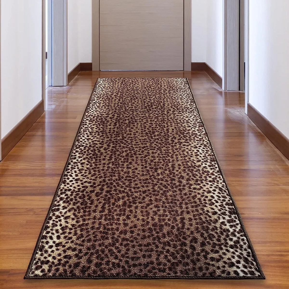 Custom Size Leopard Design Brown Color Non-Slip Rubber Backing- 31 Inch WidexYour Choice of Length Runner Rug