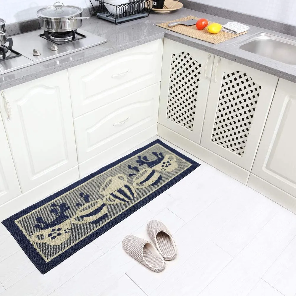 Decor Non-Slip Rubber Back Soft Durable Woven Fluffy Runner Area Carpet Floor Mat Indoor Kitchen Rug. Navy Blue Coffee Cup