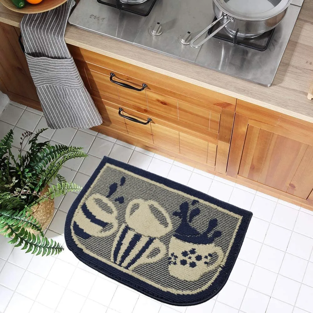 Decor Non-Slip Rubber Back Soft Durable Woven Fluffy Runner Area Carpet Floor Mat Indoor Kitchen Rug. Navy Blue Coffee Cup