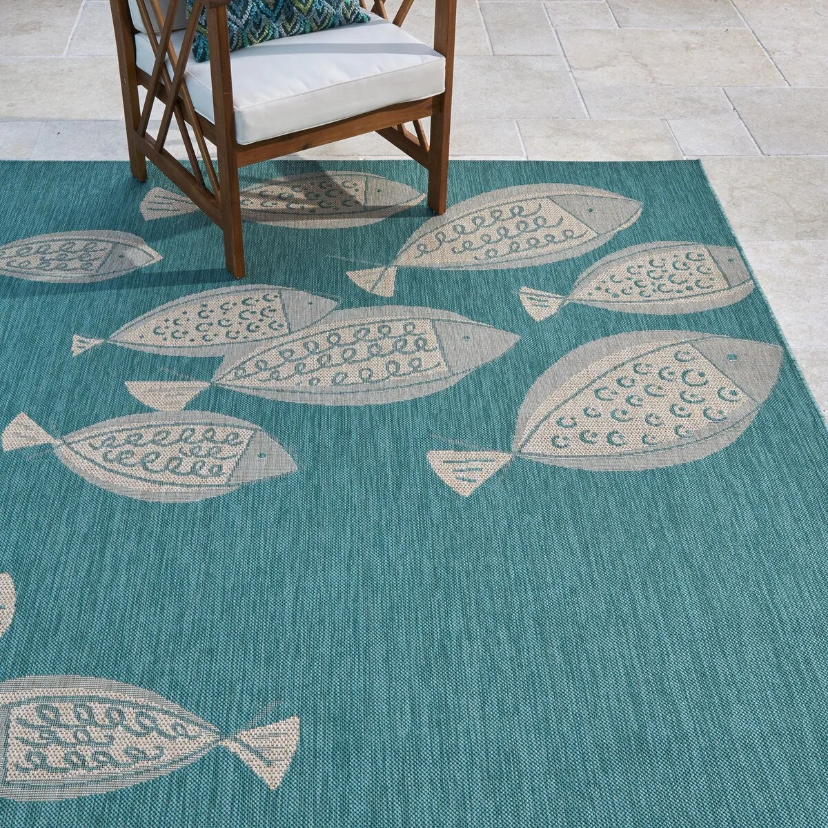 Gertmenian Paseo Loutro Oasis Aqua Casual Nautical Fish Indoor/ Outdoor Area Rug