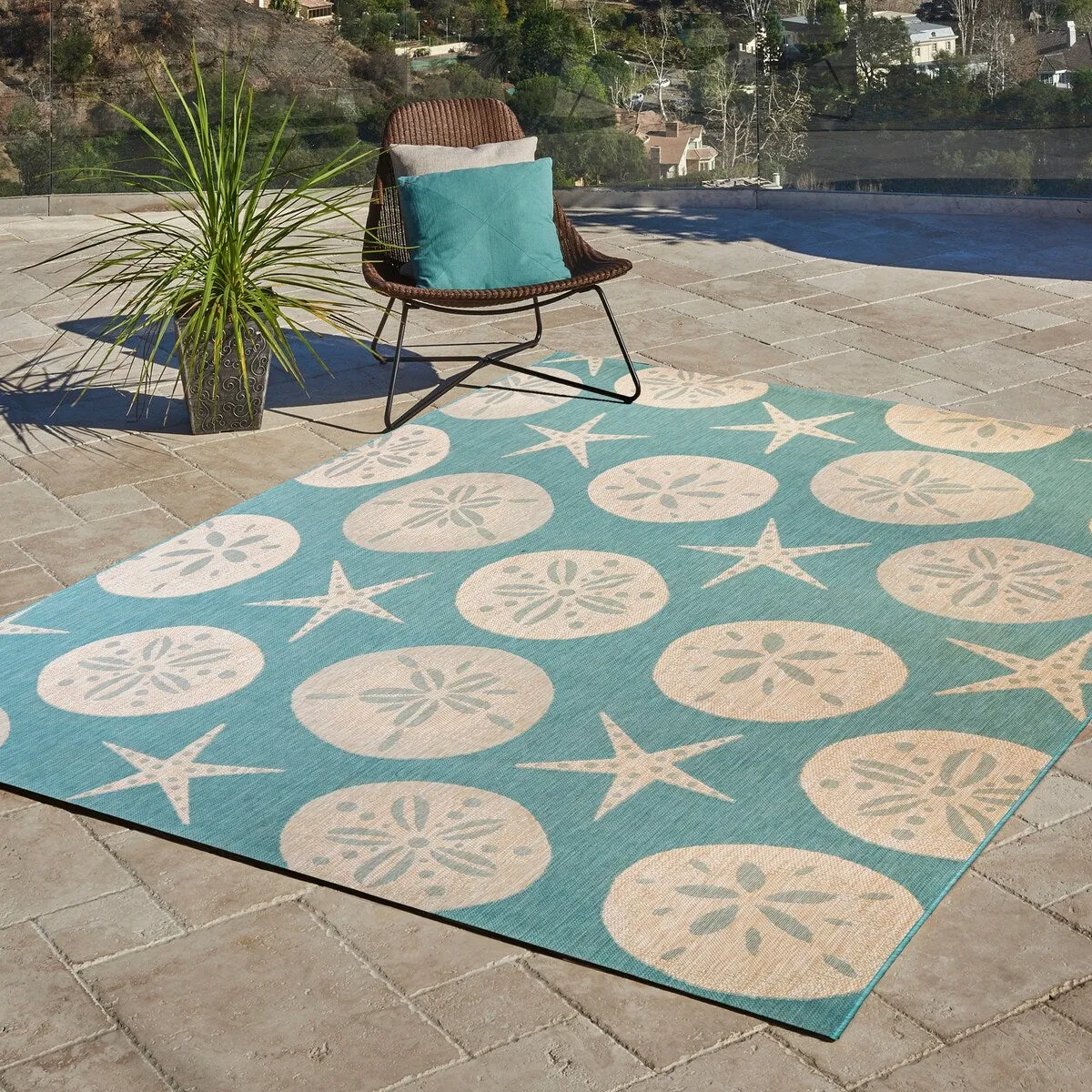 Gertmenian Paseo Starfish Oasis Aqua Casual Nautical Indoor/ Outdoor Area Rug