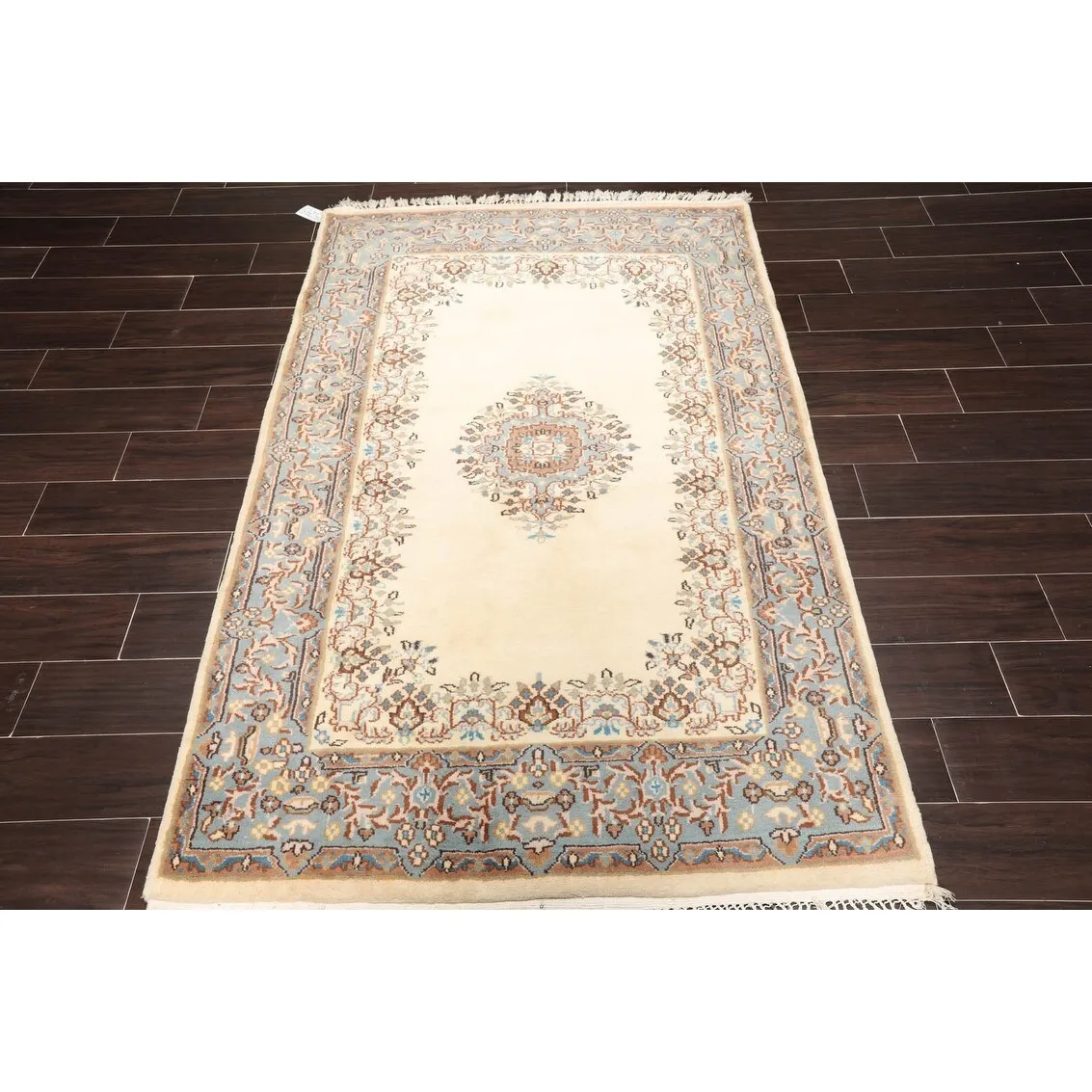 Hand Knotted Kerman Cream.Blue Persian Wool Traditional Oriental Area Rug (4x6) - 4' 2'' x 6' 3''