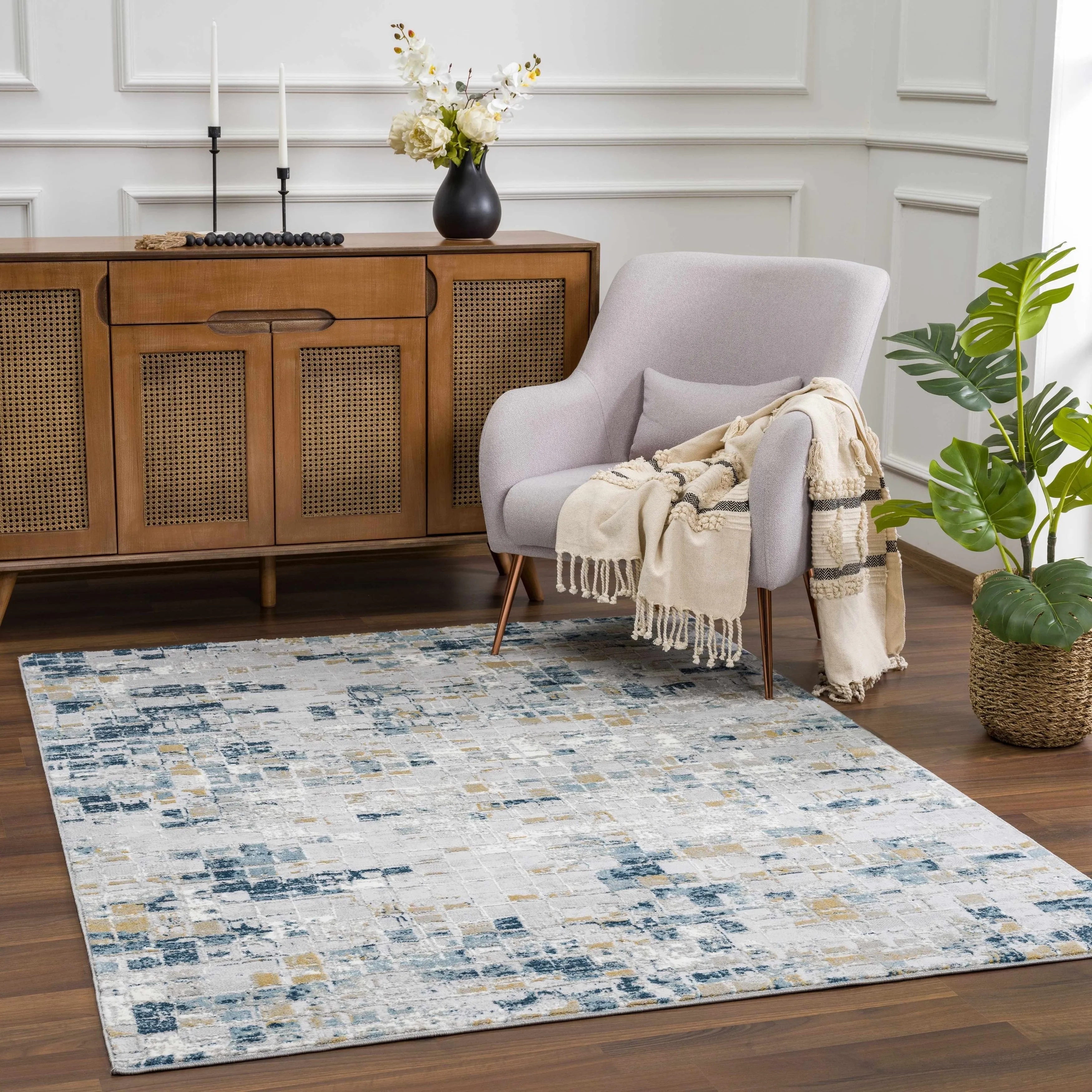 Hauteloom Liverpool Collection Modern Abstract Contemporary Square Tile Area Rug