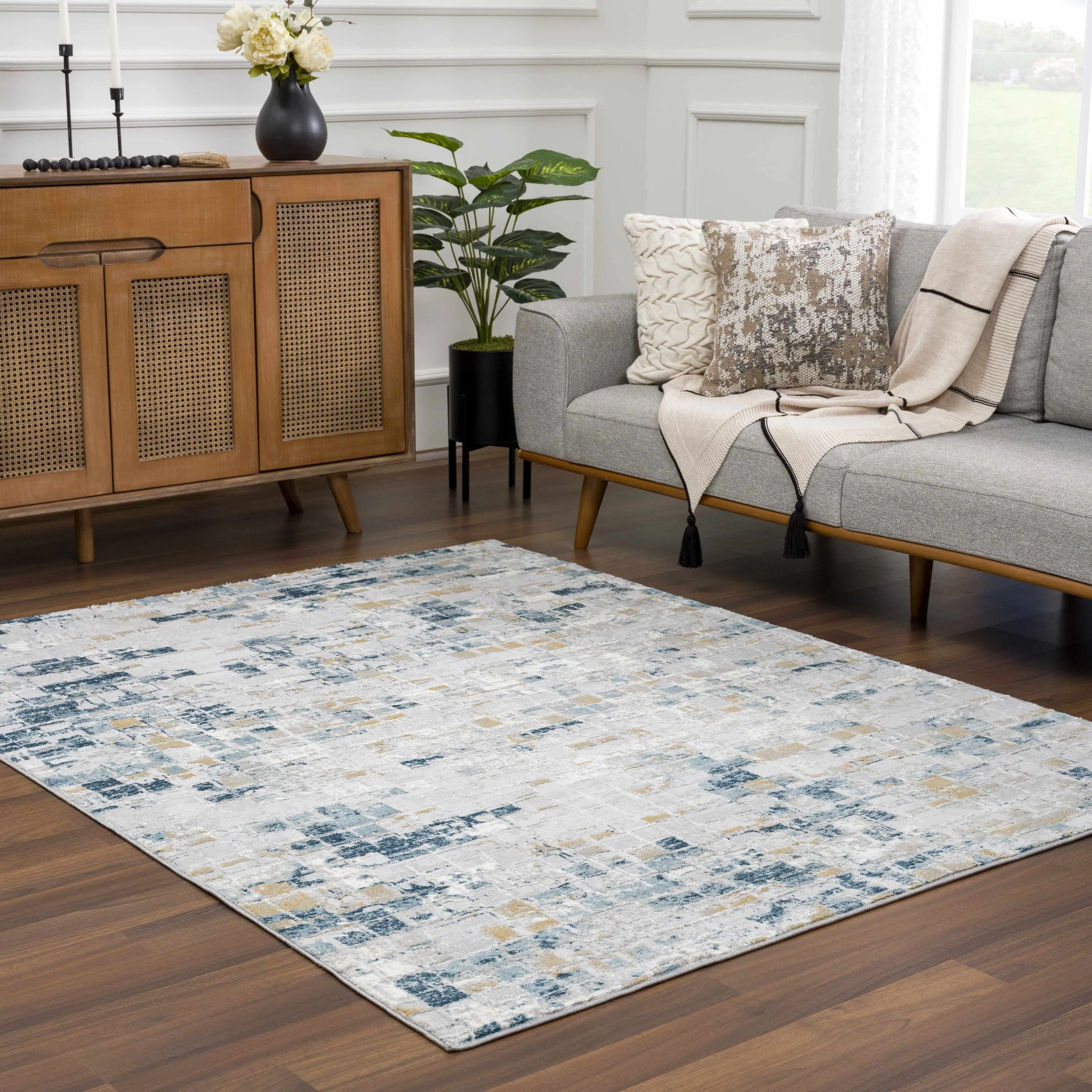 Hauteloom Liverpool Collection Modern Abstract Contemporary Square Tile Area Rug