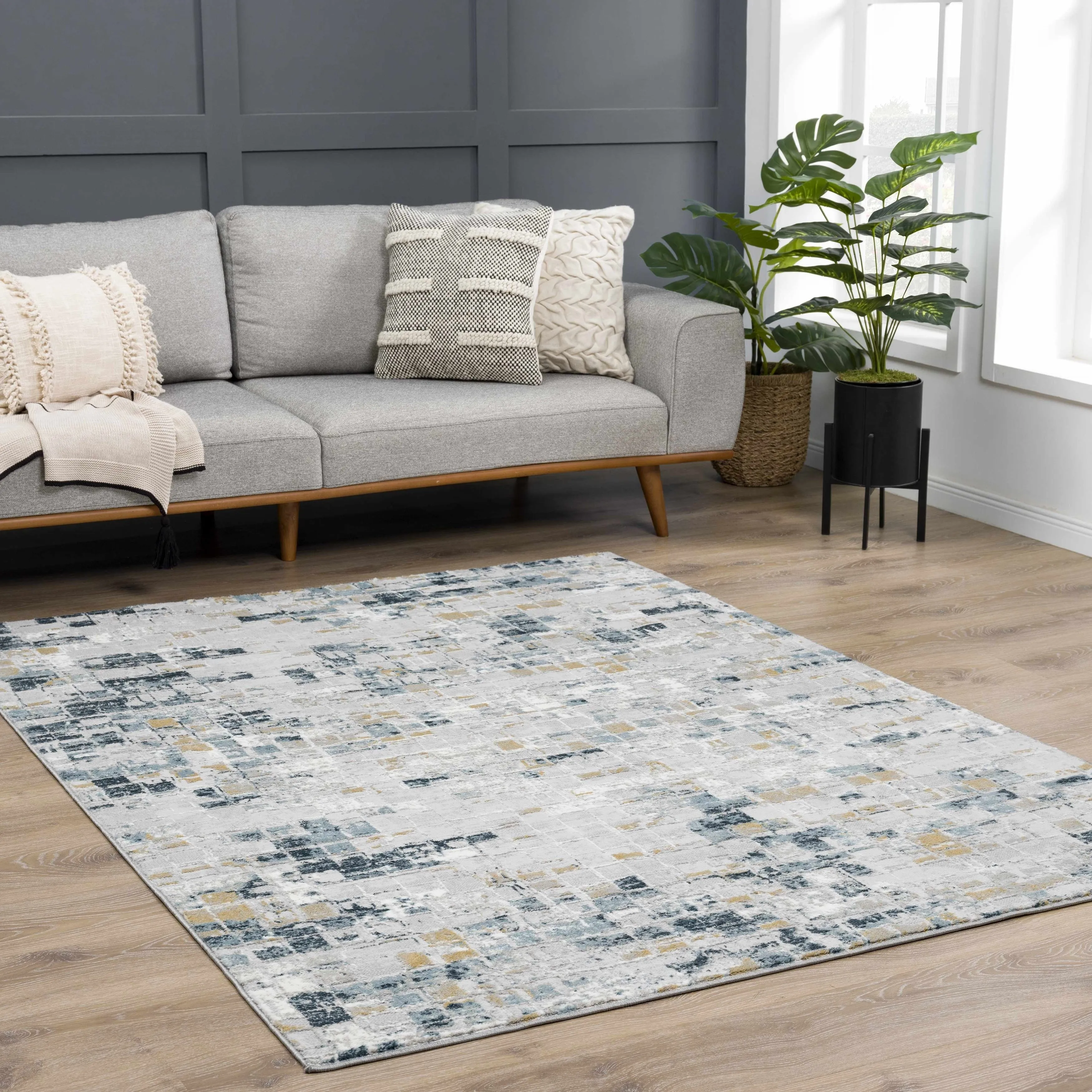 Hauteloom Liverpool Collection Modern Abstract Contemporary Square Tile Area Rug