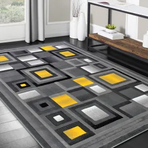 HR Orangish Yellow. Gray and Multi Abstract Geometric Modern Squares Pattern Area Rug