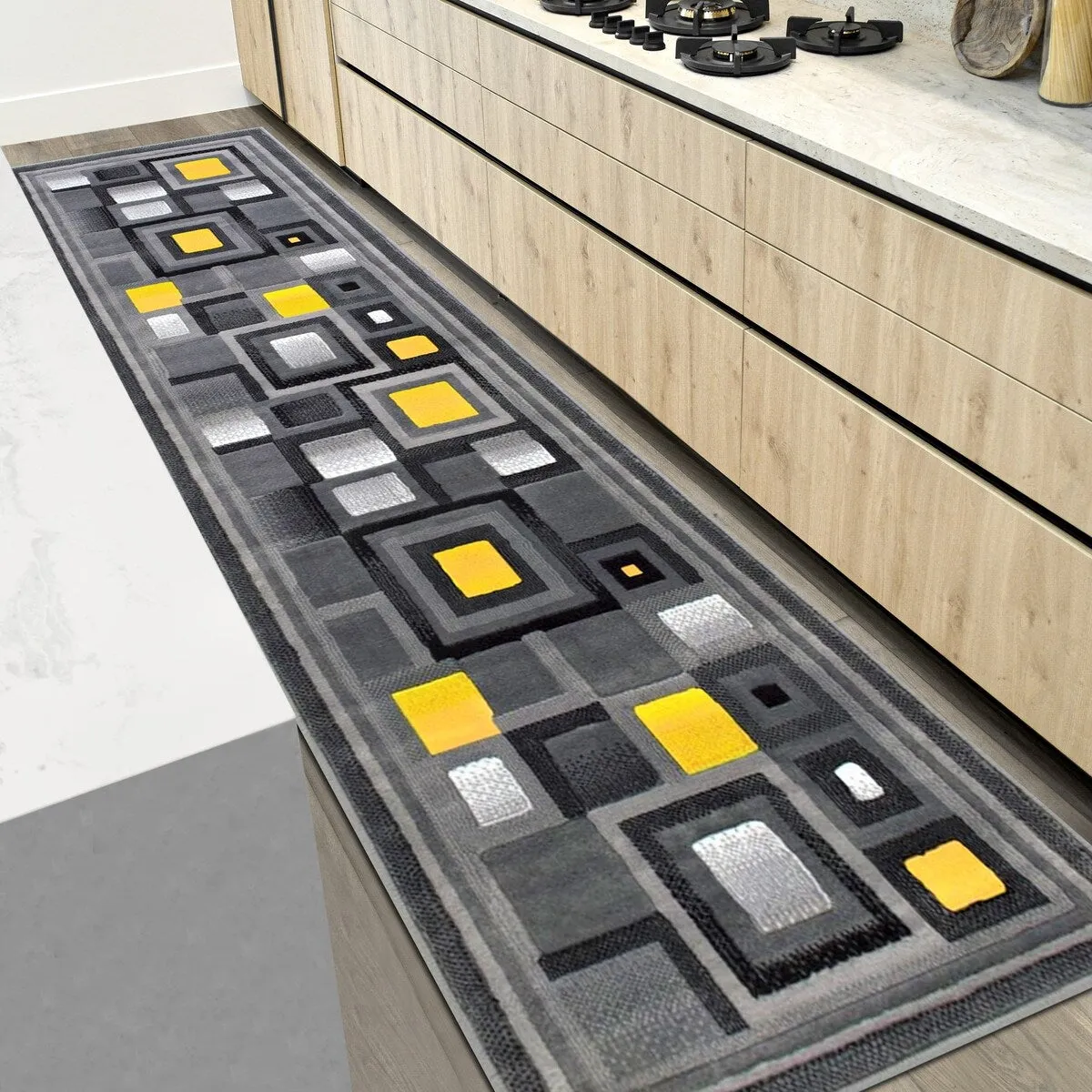 HR Orangish Yellow. Gray and Multi Abstract Geometric Modern Squares Pattern Area Rug