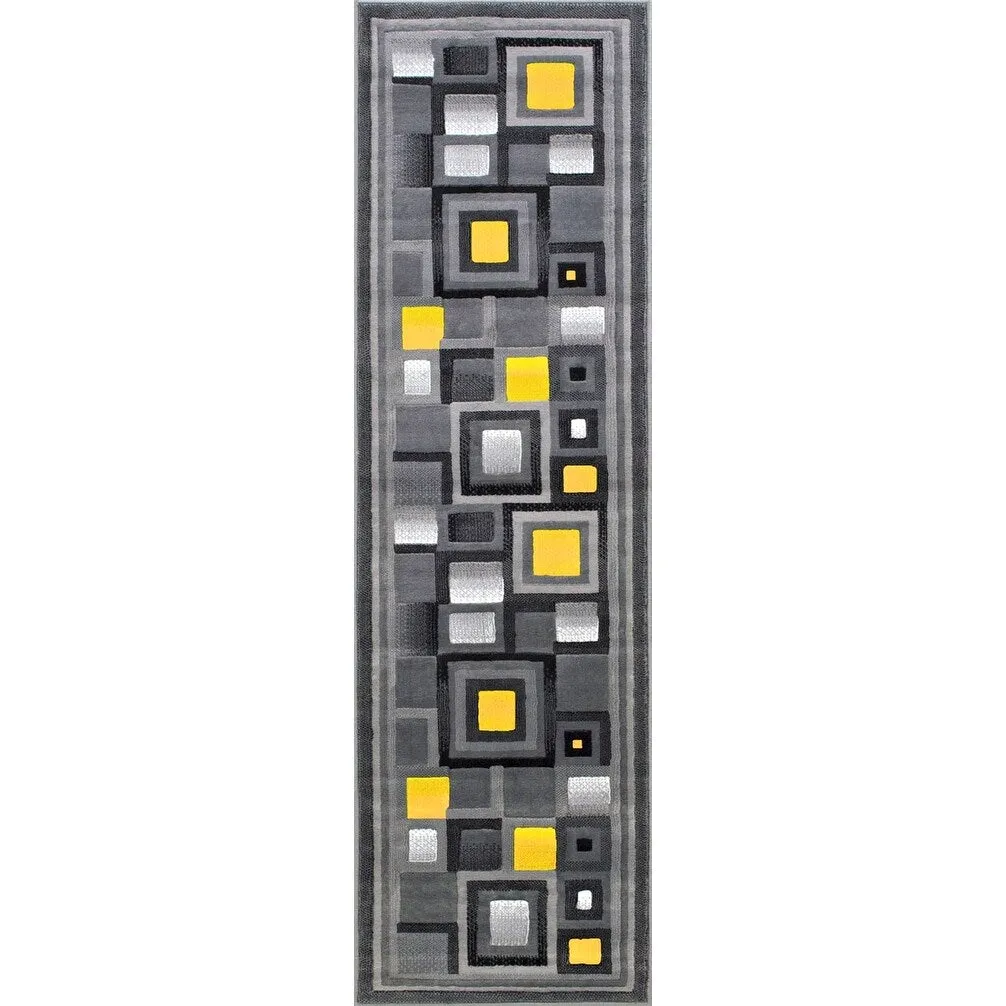 HR Orangish Yellow. Gray and Multi Abstract Geometric Modern Squares Pattern Area Rug