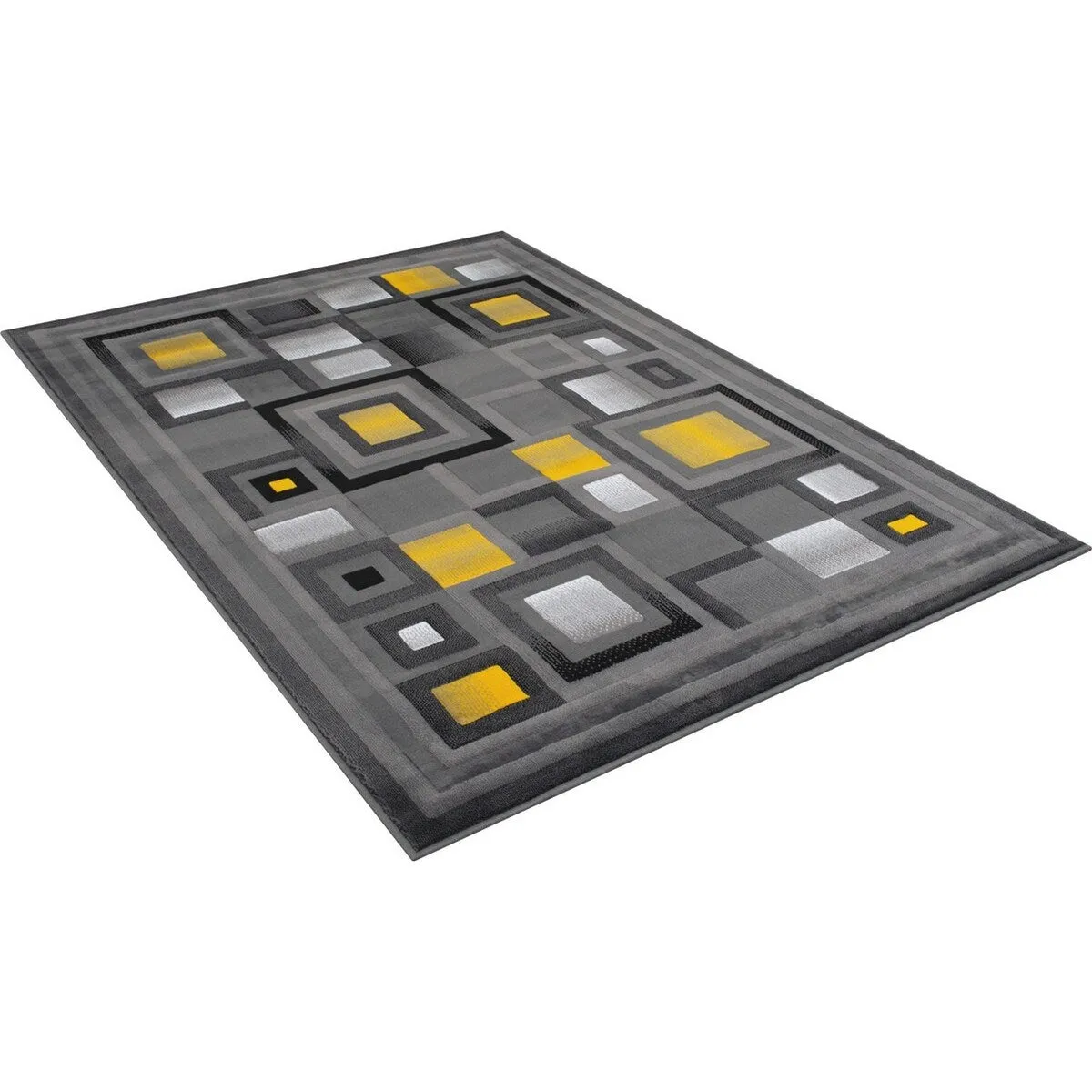HR Orangish Yellow. Gray and Multi Abstract Geometric Modern Squares Pattern Area Rug
