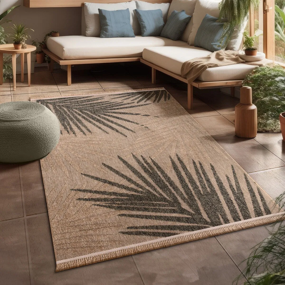 Indoor and Outdoor Rug in Natural Look with Modern Leaves Motif