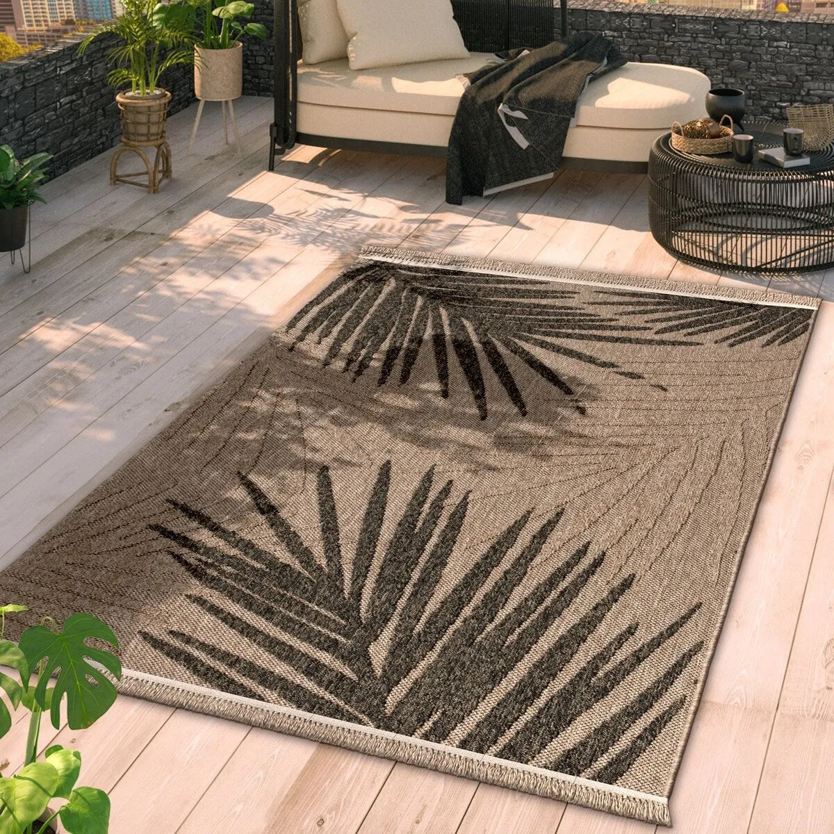 Indoor and Outdoor Rug in Natural Look with Modern Leaves Motif