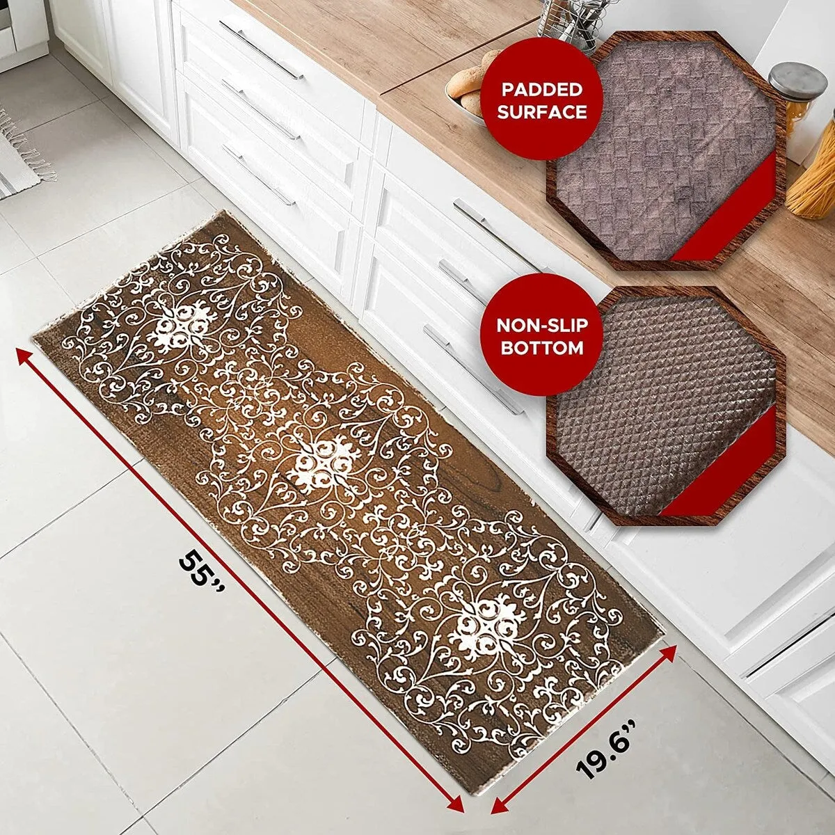 J&V Textiles Oversized Cushioned Anti Fatigue Kitchen Runner Mat (Scroll) Brown Size 20x55 - 20 X 55