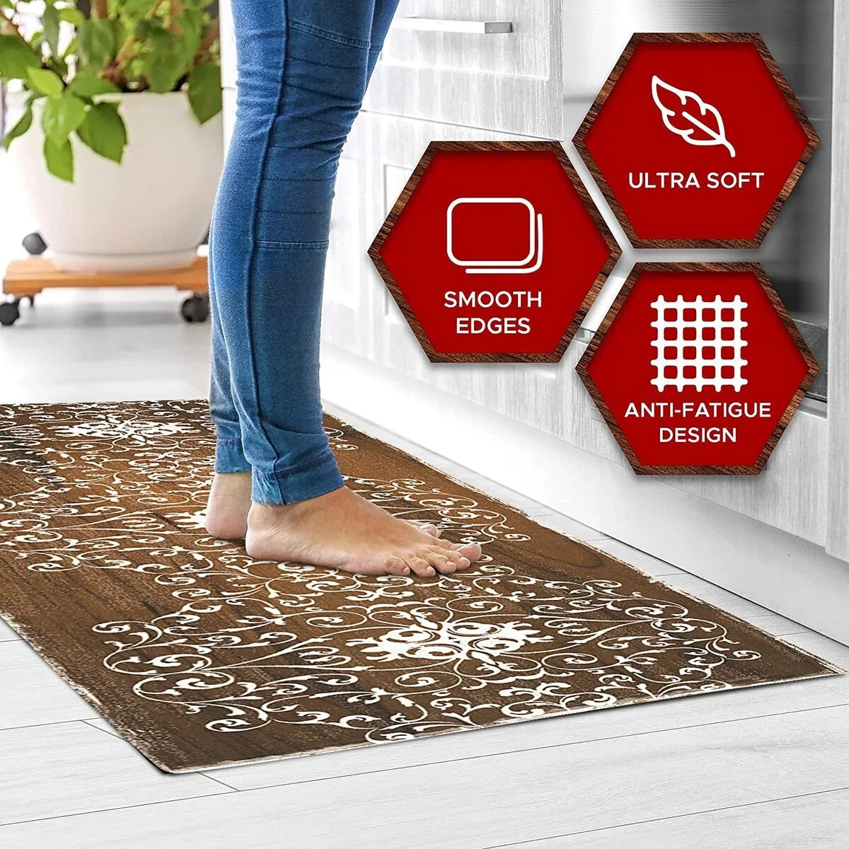 J&V Textiles Oversized Cushioned Anti Fatigue Kitchen Runner Mat (Scroll) Brown Size 20x55 - 20 X 55