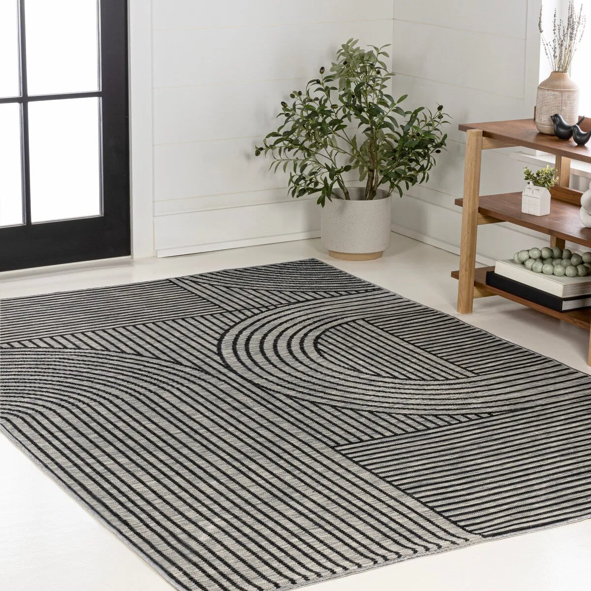 JONATHAN Y Reversible Bijan Mid-Century Modern Arch Stripe Machine-Washable Cream/Beige Indoor/Outdoor Rug