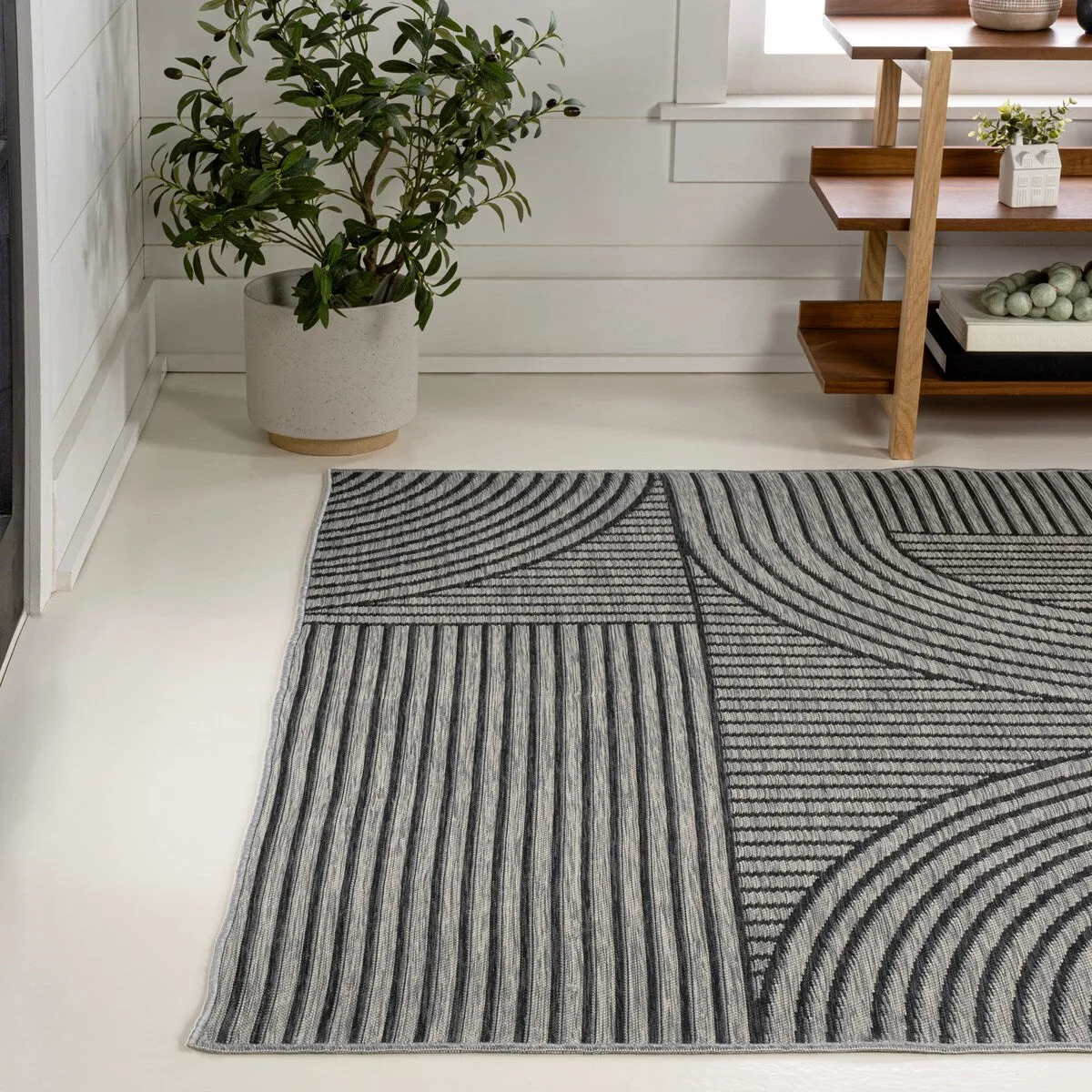 JONATHAN Y Reversible Bijan Mid-Century Modern Arch Stripe Machine-Washable Cream/Beige Indoor/Outdoor Rug