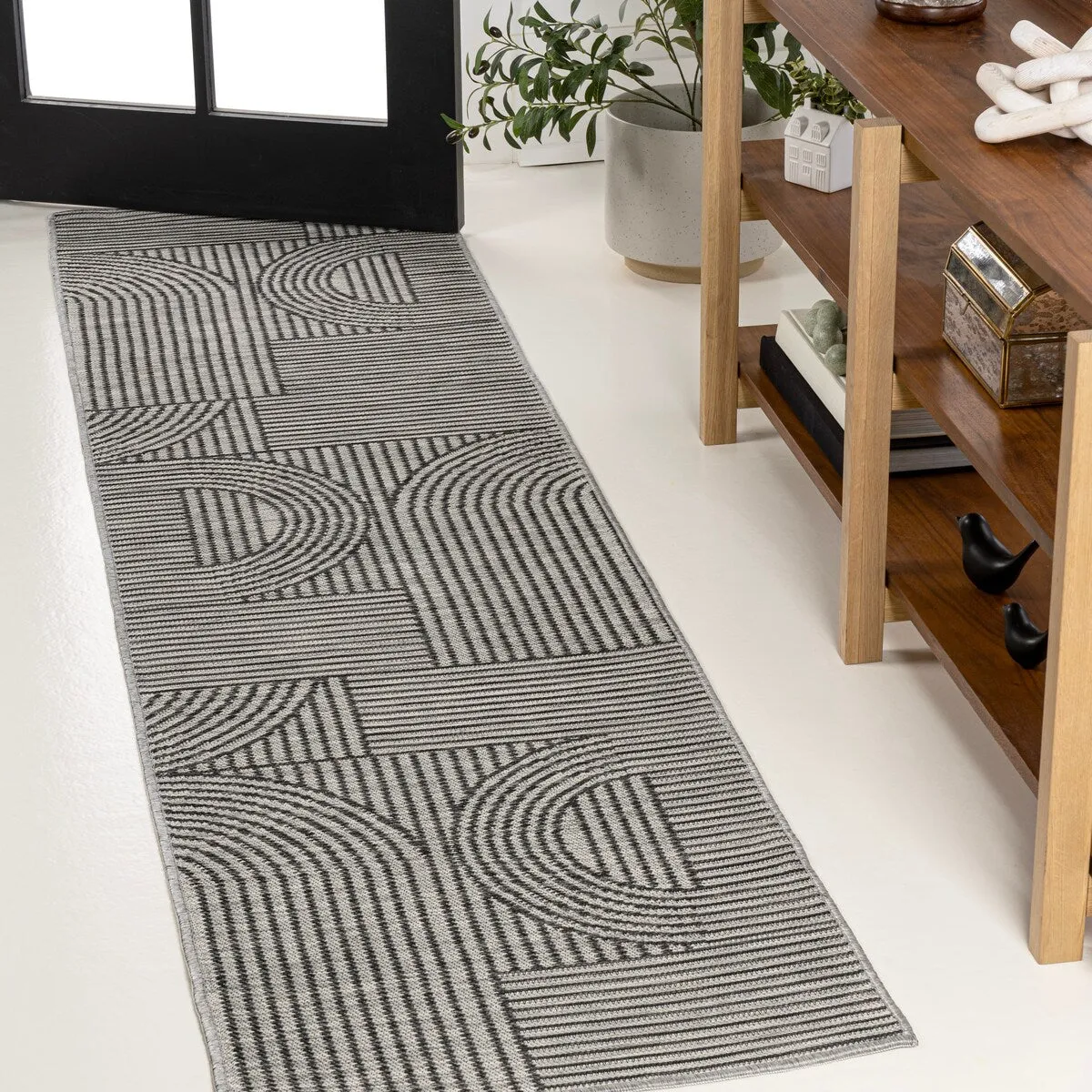 JONATHAN Y Reversible Bijan Mid-Century Modern Arch Stripe Machine-Washable Cream/Beige Indoor/Outdoor Rug