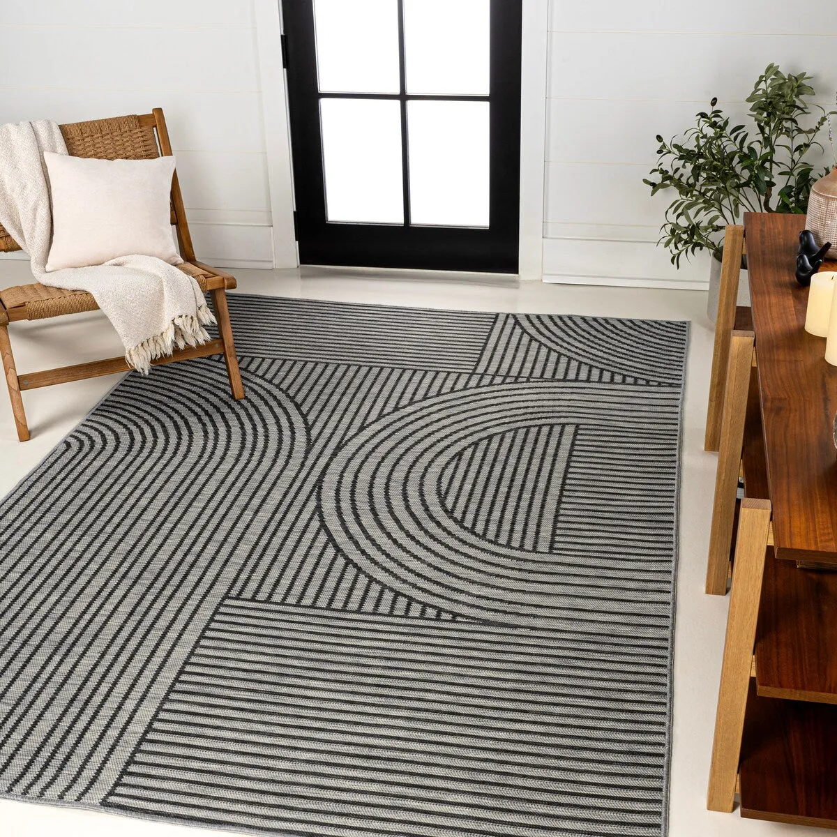 JONATHAN Y Reversible Bijan Mid-Century Modern Arch Stripe Machine-Washable Cream/Beige Indoor/Outdoor Rug