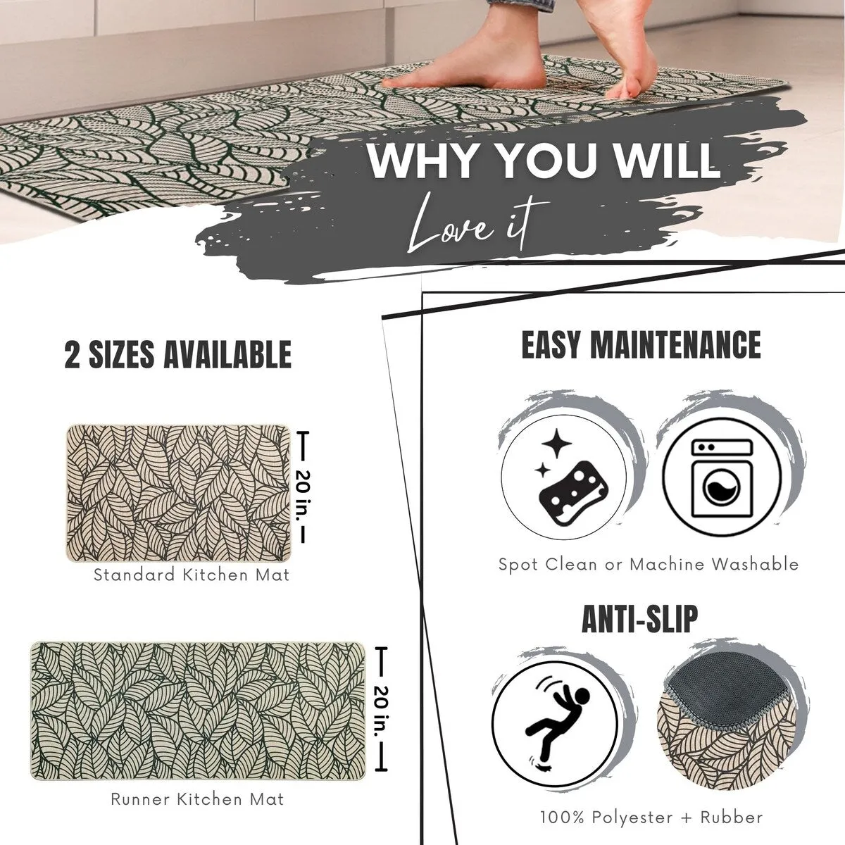 Jungle Printed Kitchen Mat Gray Leaves Design