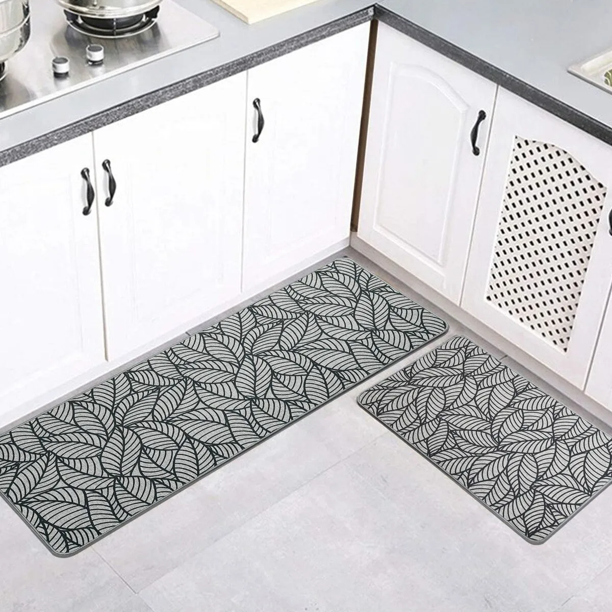 Jungle Printed Kitchen Mat Gray Leaves Design
