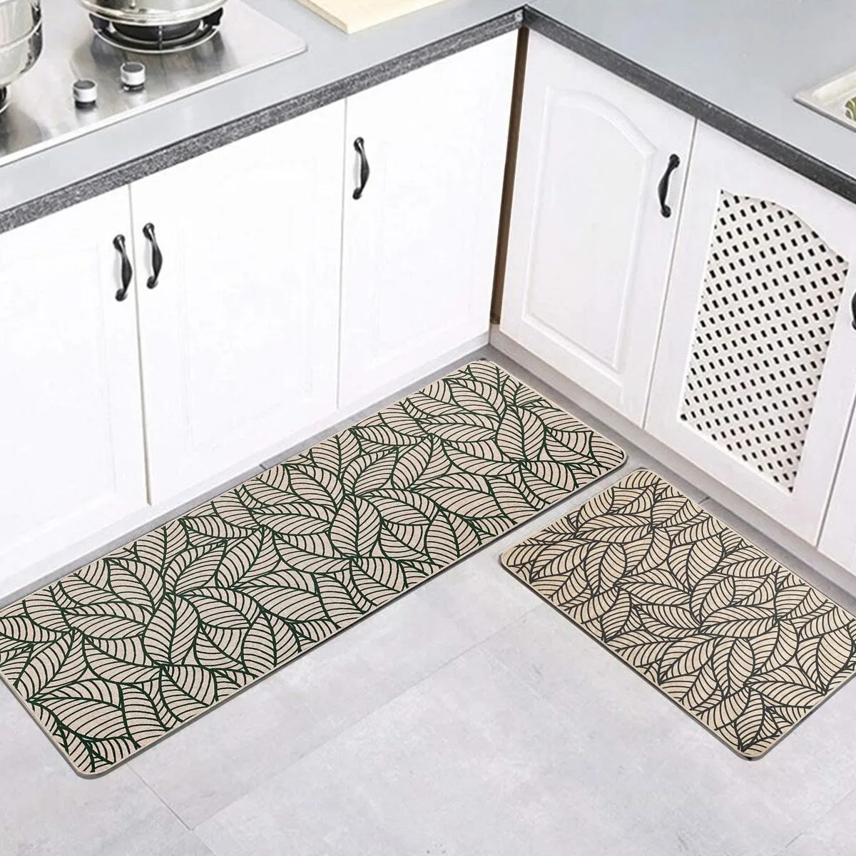 Jungle Printed Kitchen Mat Gray Leaves Design