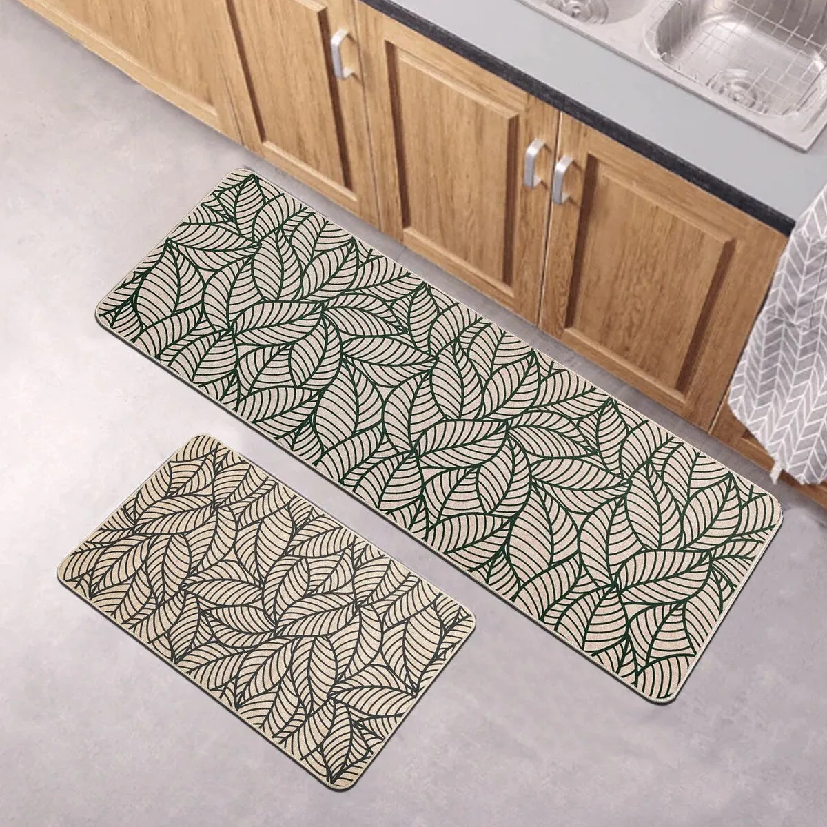 Jungle Printed Kitchen Mat Gray Leaves Design