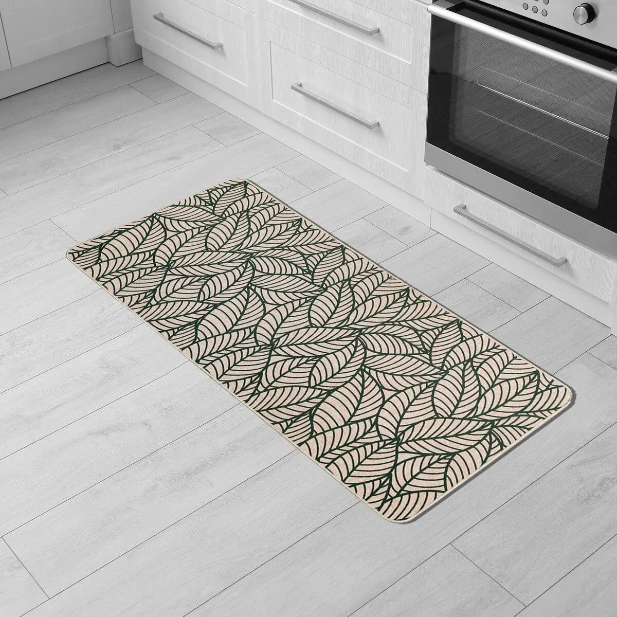 Jungle Printed Kitchen Mat Gray Leaves Design