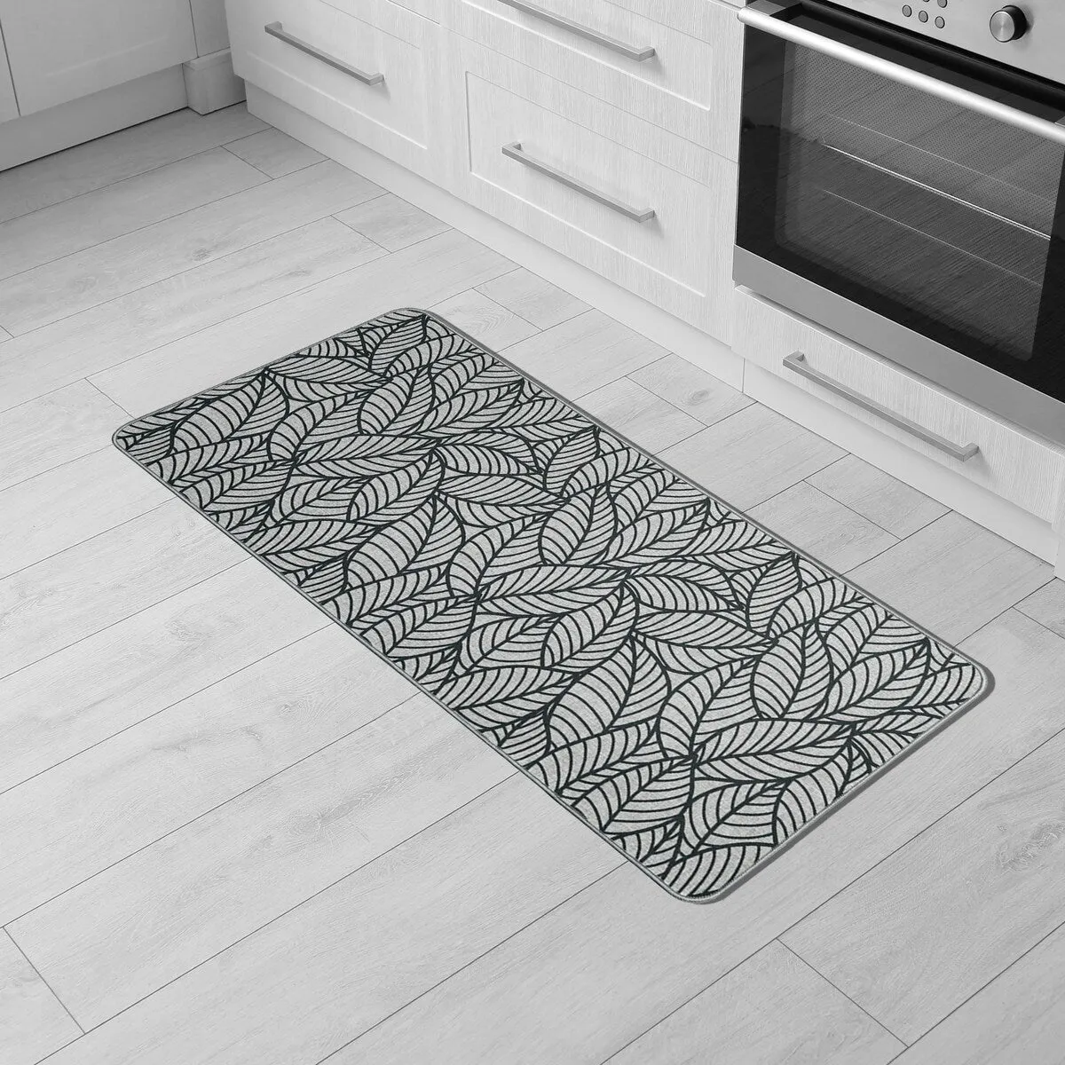 Jungle Printed Kitchen Mat Gray Leaves Design