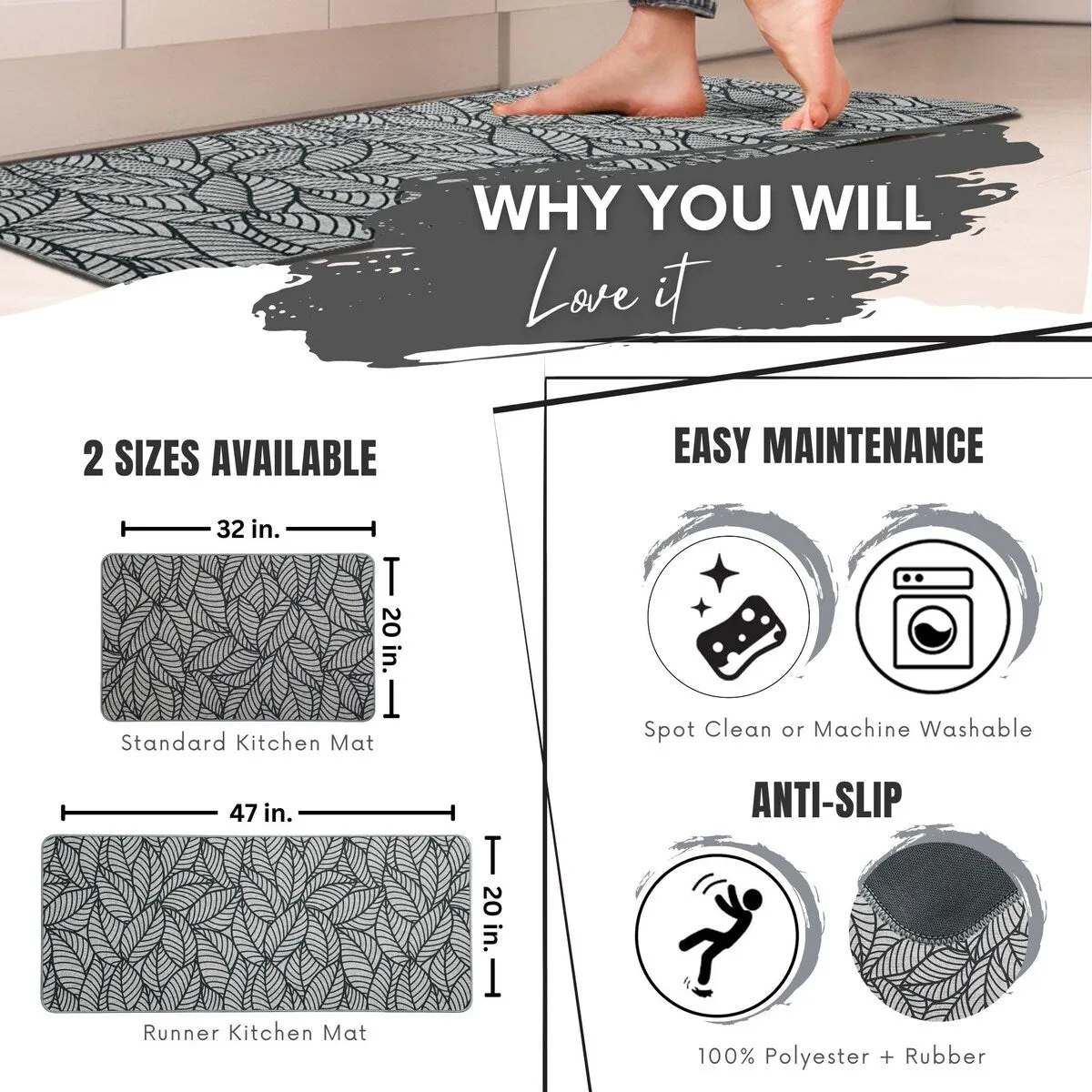 Jungle Printed Kitchen Mat Gray Leaves Design