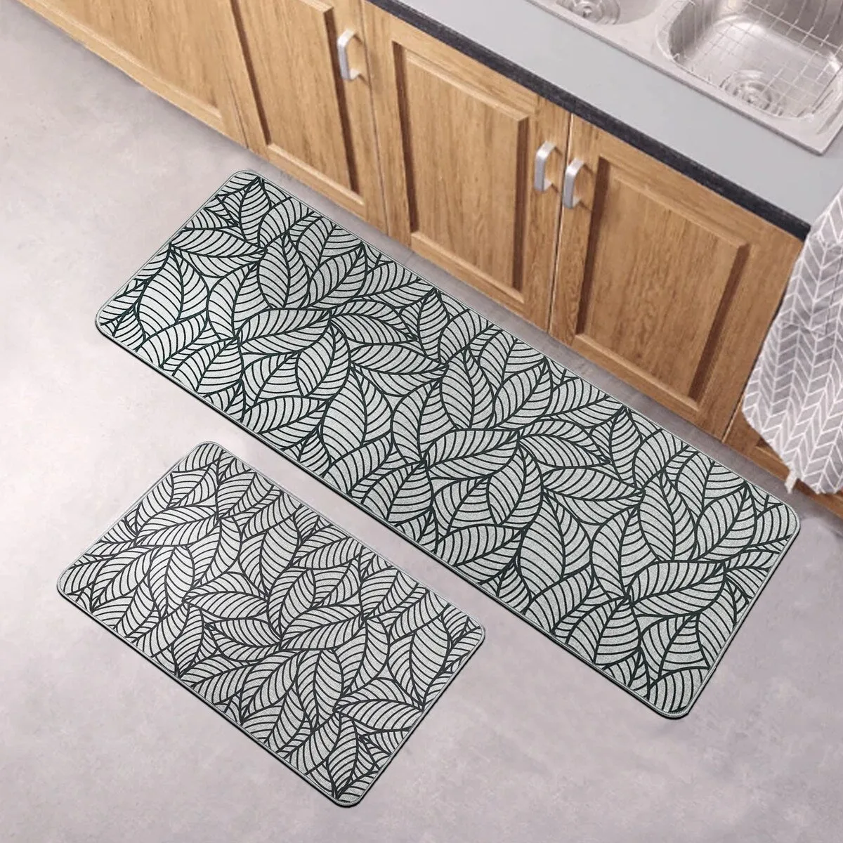 Jungle Printed Kitchen Mat Gray Leaves Design