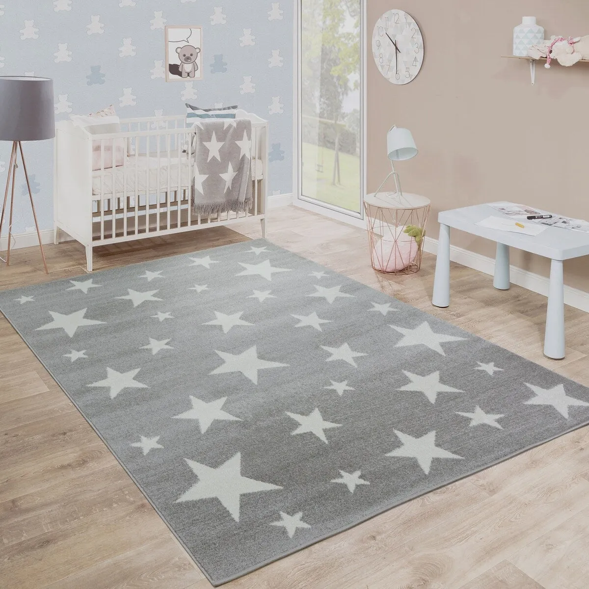 Kids Rug with Stars for Nursery Starry Sky in grey. pink and green