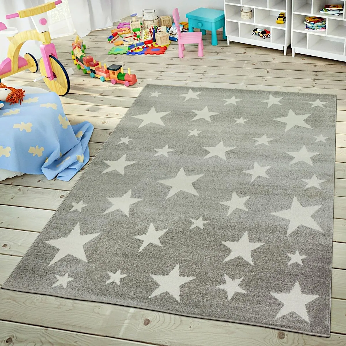 Kids Rug with Stars for Nursery Starry Sky in grey. pink and green