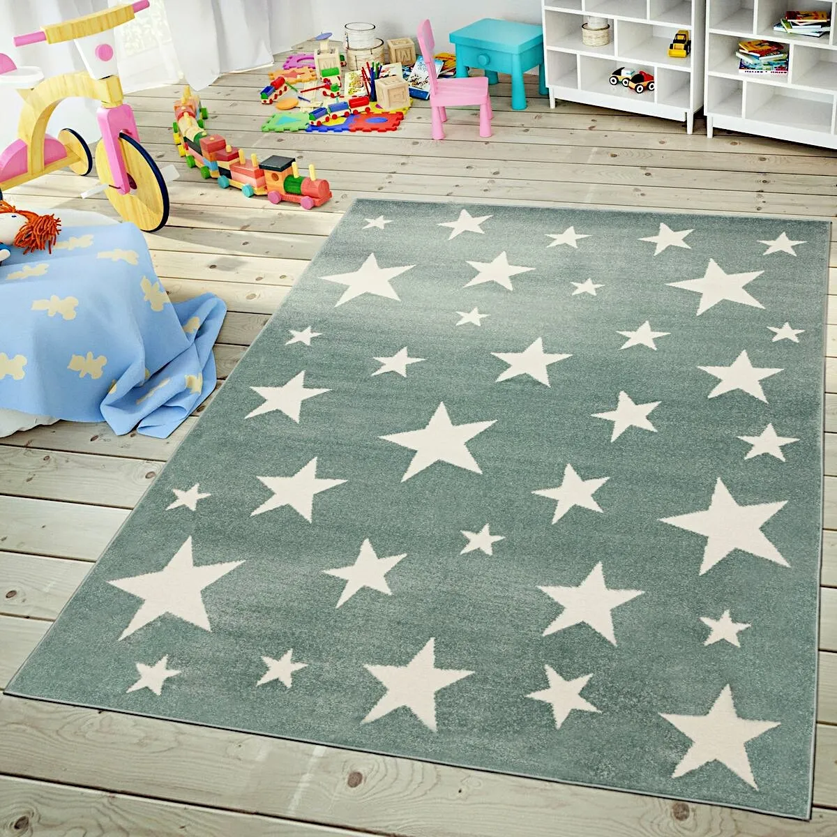 Kids Rug with Stars for Nursery Starry Sky in grey. pink and green