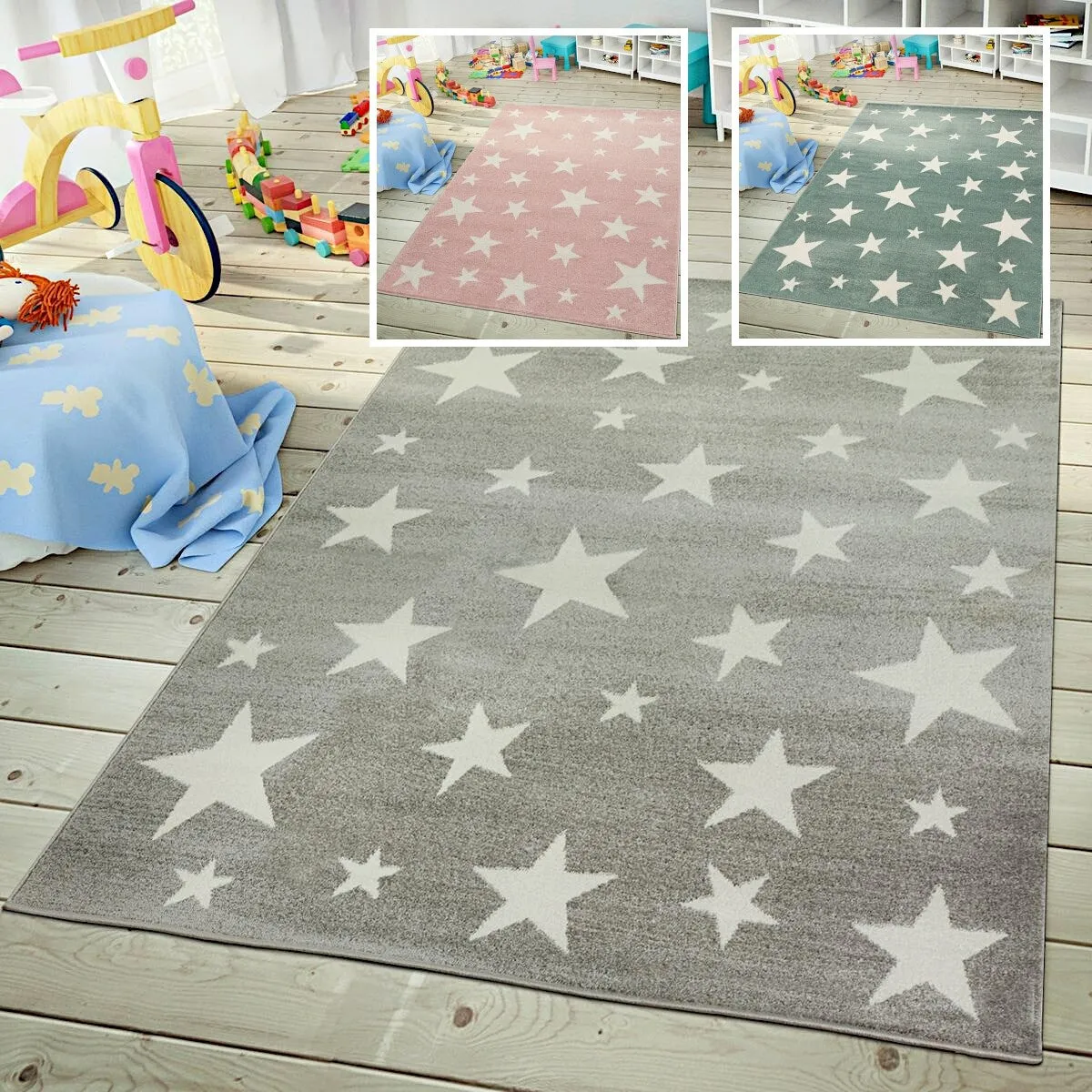 Kids Rug with Stars for Nursery Starry Sky in grey. pink and green