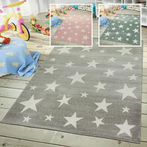 Kids Rug with Stars for Nursery Starry Sky in grey. pink and green