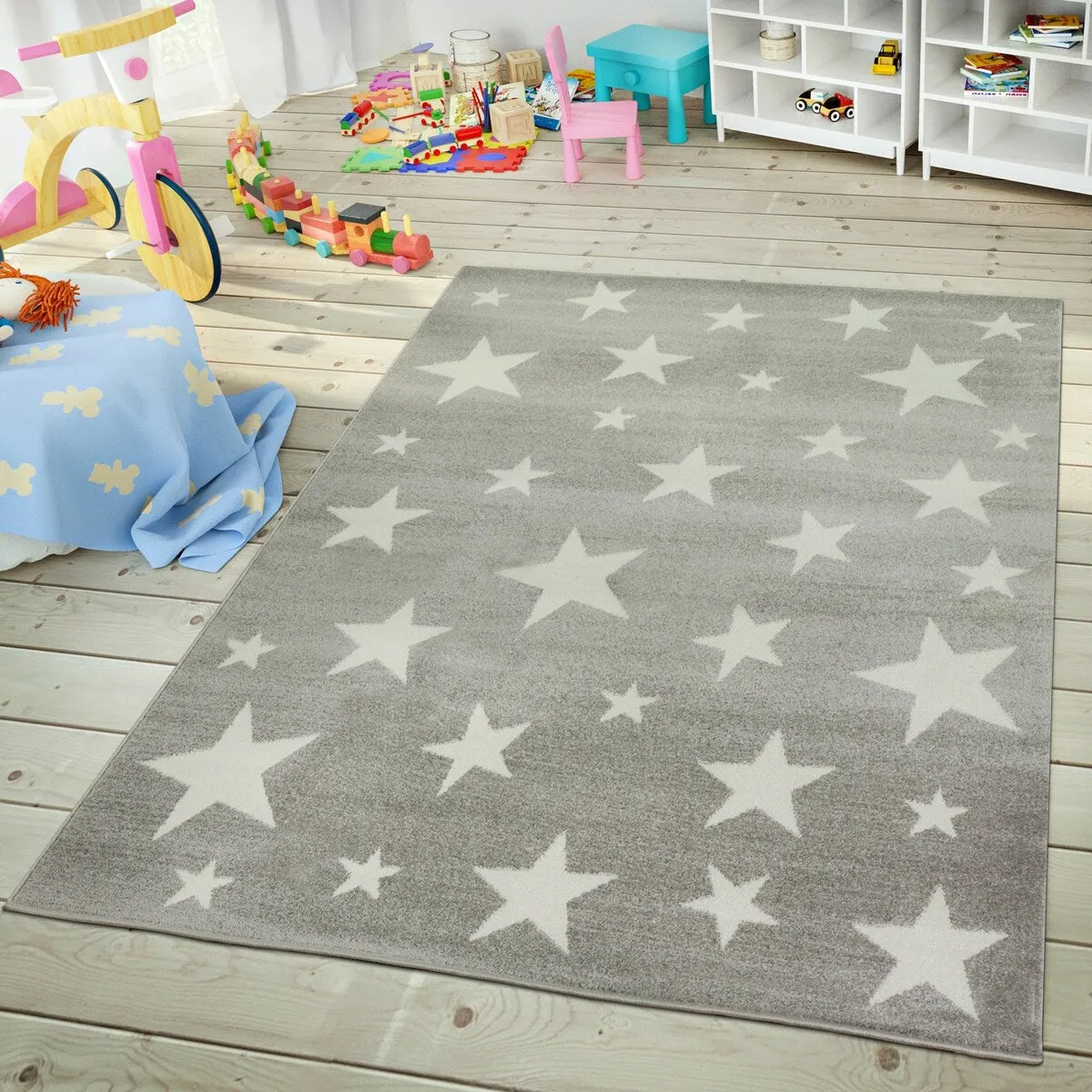 Kids Rug with Stars for Nursery Starry Sky in grey. pink and green
