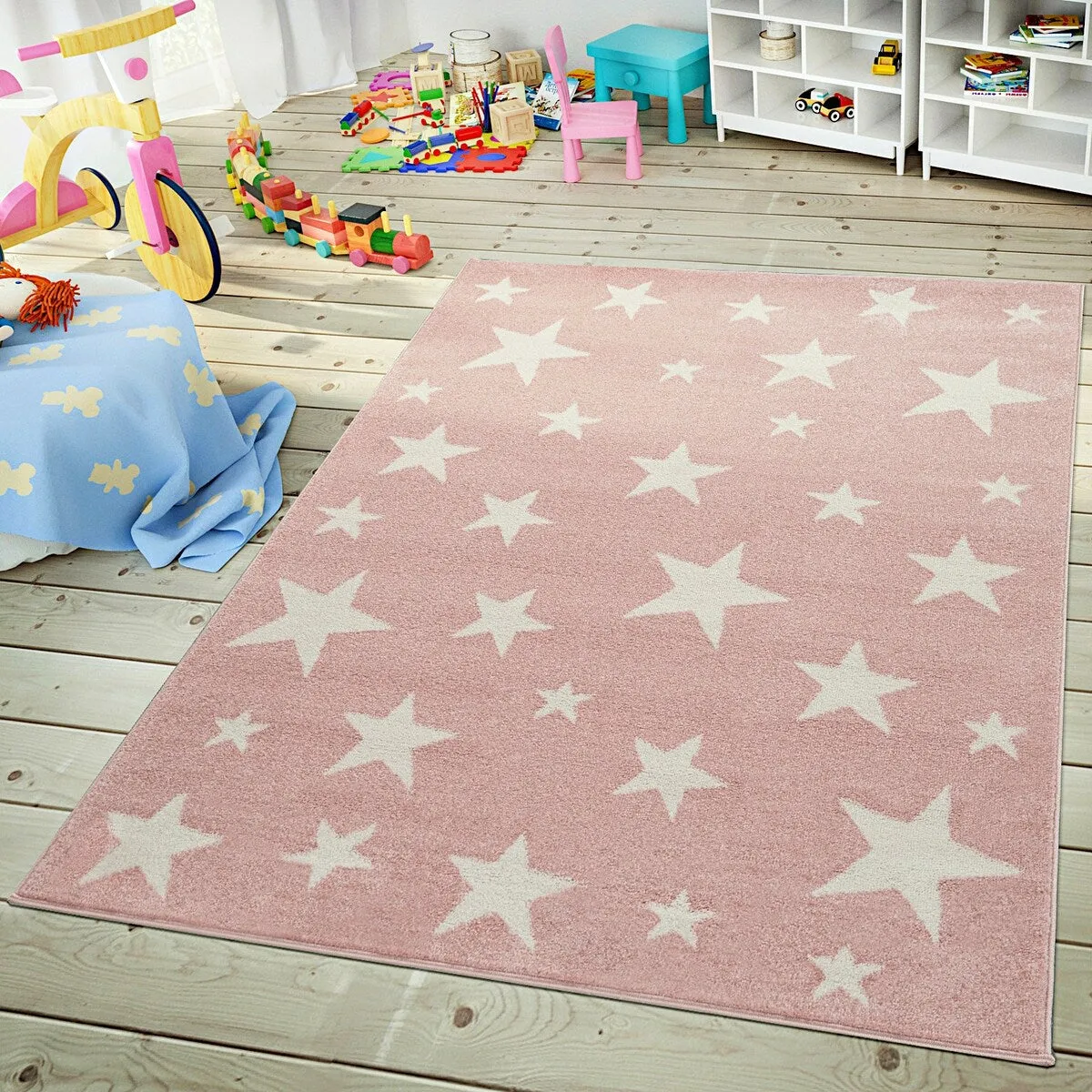 Kids Rug with Stars for Nursery Starry Sky in grey. pink and green