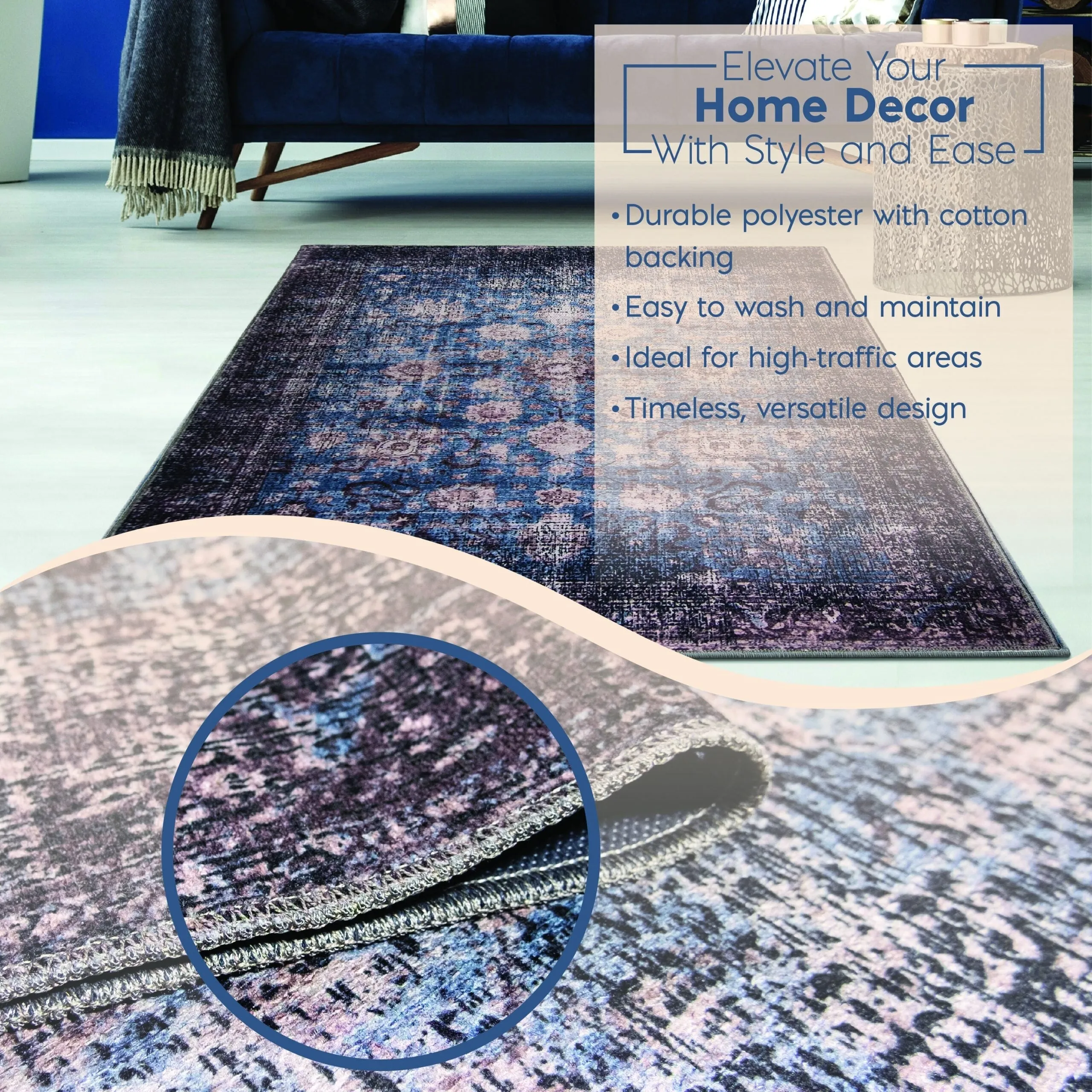 L'Baiet Amelie Blue Distressed Machine Washable Rug