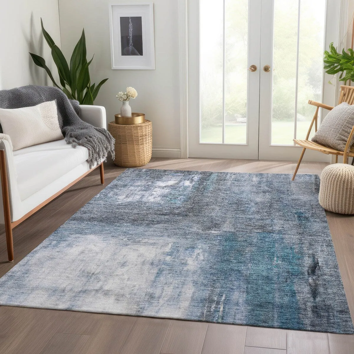 Machine Washable Indoor/ Outdoor Abstract Watercolor Chantille Rug