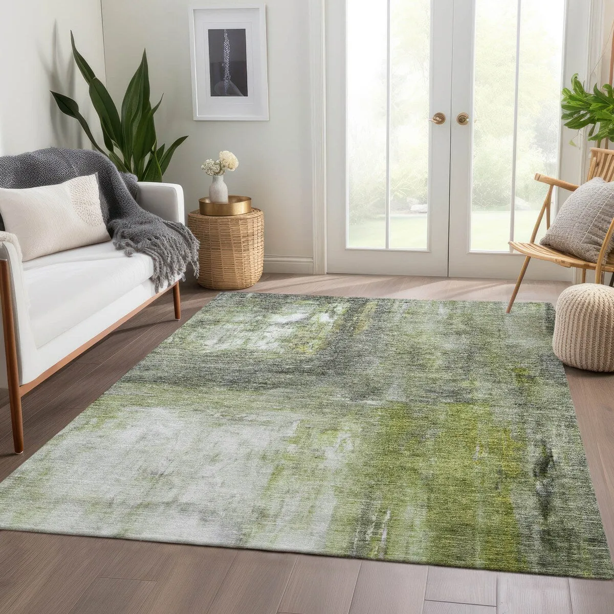 Machine Washable Indoor/ Outdoor Abstract Watercolor Chantille Rug