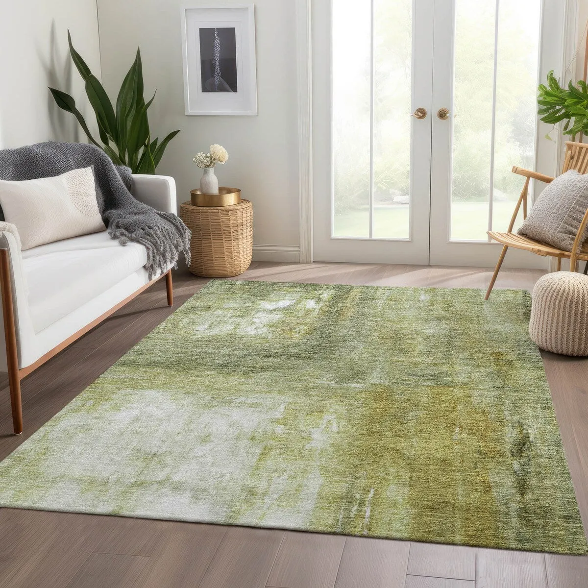 Machine Washable Indoor/ Outdoor Abstract Watercolor Chantille Rug