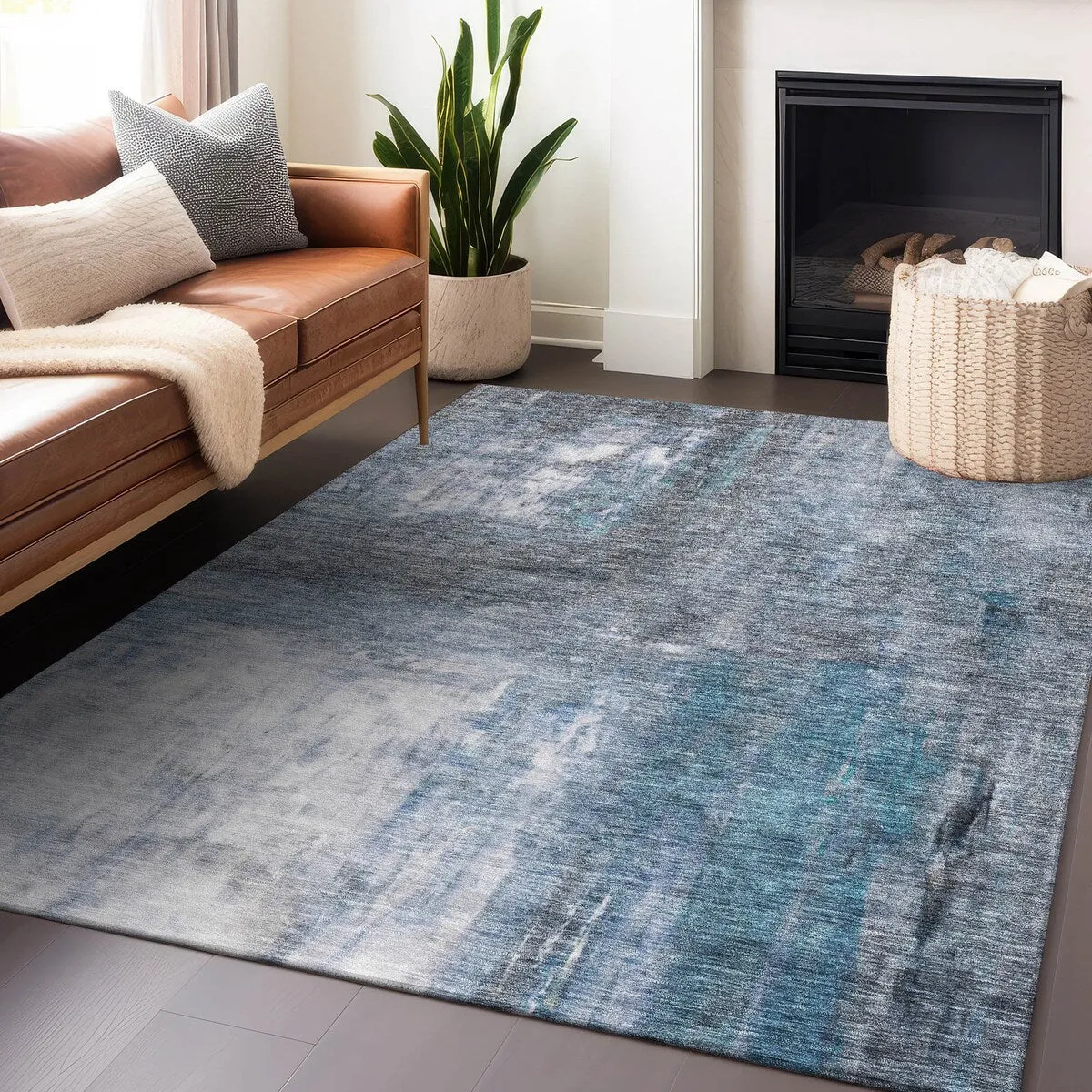 Machine Washable Indoor/ Outdoor Abstract Watercolor Chantille Rug