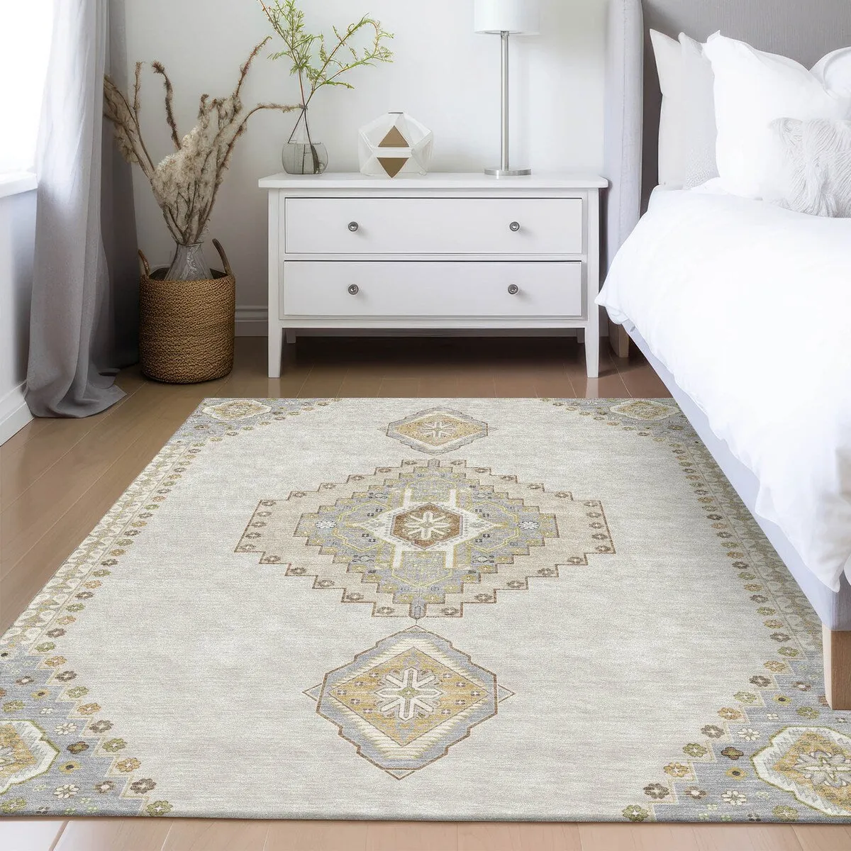 Machine Washable Indoor/ Outdoor Boho Traditional Chantille Rug