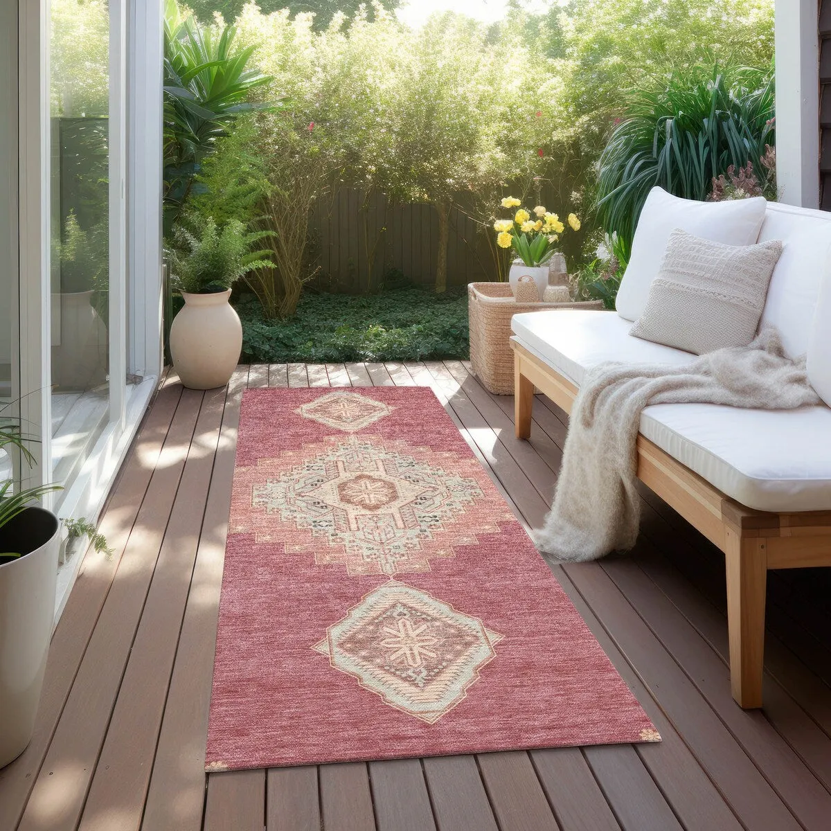 Machine Washable Indoor/ Outdoor Boho Traditional Chantille Rug